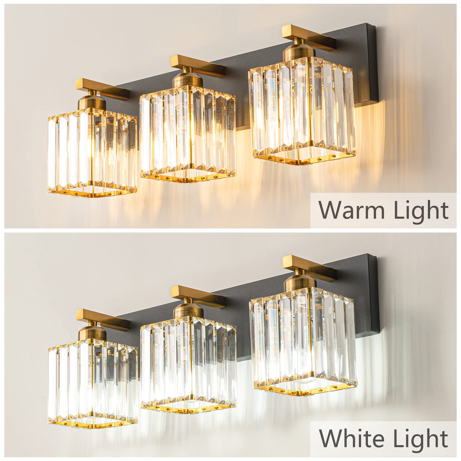 Modern Black Gold Crystal Bathroom Vanity Light - 3-Lights Wall Sconce Fixture for Elegant Powder Room & Master Bathroom Lighting