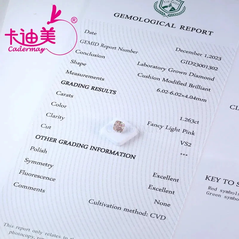 CADERMAY Cushion Cut VS2 Clarity CVD Lab Grown Diamond - Light Pink Loose Gemstone for Jewelry Making | Engagement Rings, Necklaces & Earrings