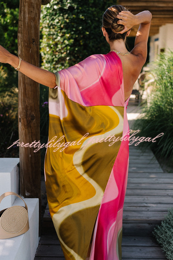 Stylish Satin Tie-Dye One Shoulder Maxi Dress for Women - Summer Vacation & Beach Party Outfit