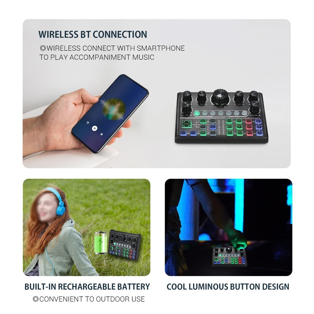 Professional Bluetooth Live Sound Card & Audio Mixer with Multiple Sound Effects - External Voice Changer for PC, Smartphone, Streaming (Perfect for Podcasting, Gaming, Karaoke & Live Broadcasting)