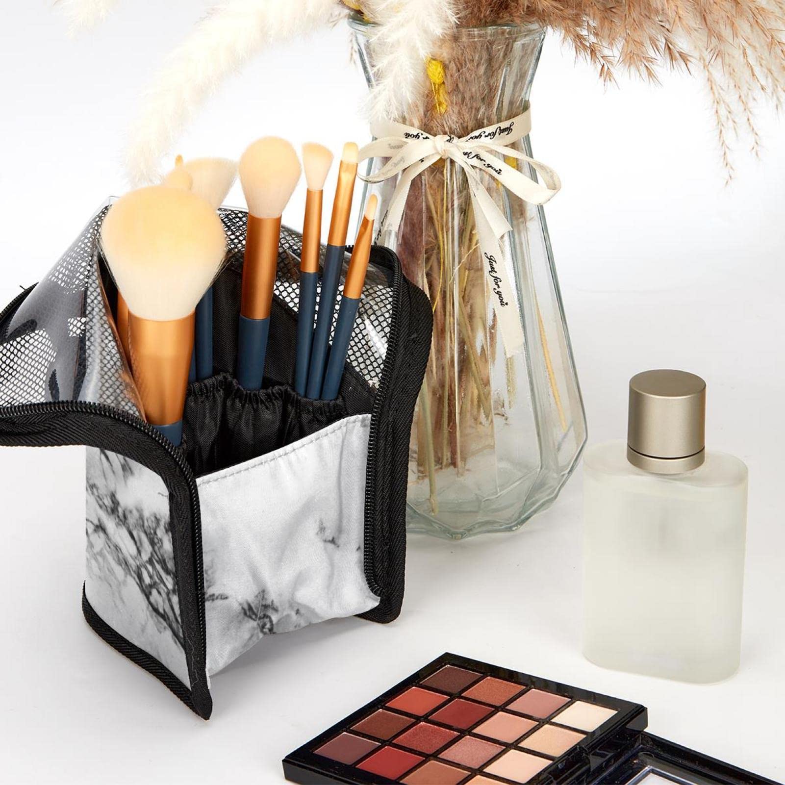 12-Piece Makeup Brush Organizer Bag with Classic Marble Texture - Portable Travel Cosmetic Brush Holder Case for Professional Makeup Artists & Beauty Enthusiasts (Perfect for Home, Travel & Salon Use)