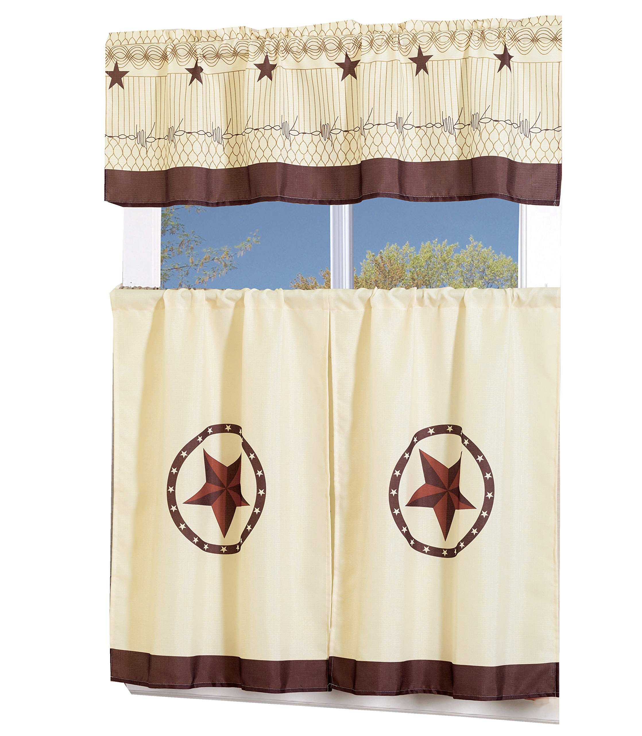 MarCielo 3-Piece Western Texas Star Printed Kitchen Curtain Set with Swag & Tier - Beige Cafe Window Drapes for Farmhouse, Country Style Kitchen Decor