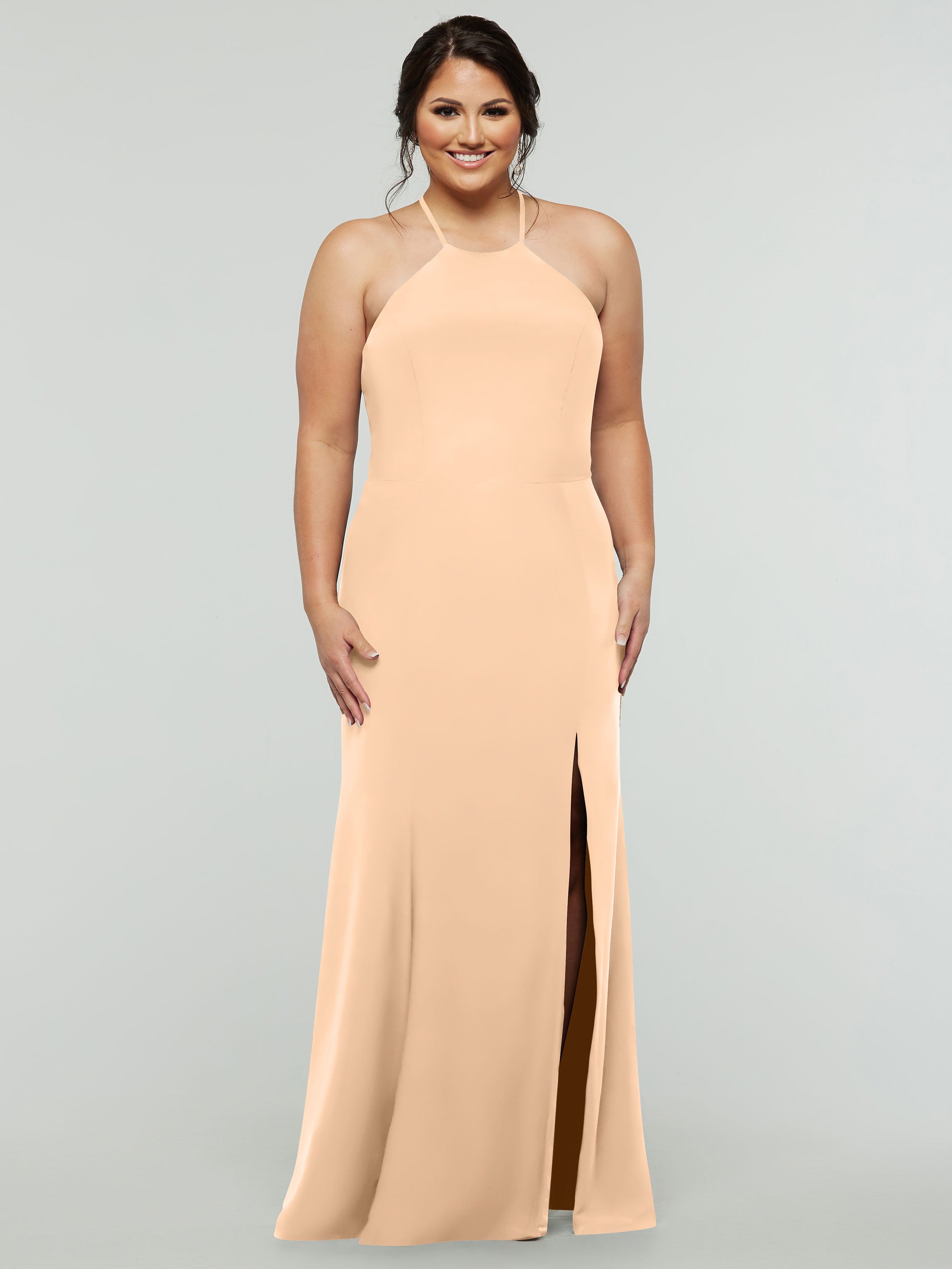 Elegant 83031 Fit and Flare Stretch Chiffon Bridesmaid Dress with Halter Neck & Thigh Slit - Perfect for Weddings, Prom, and Formal Events