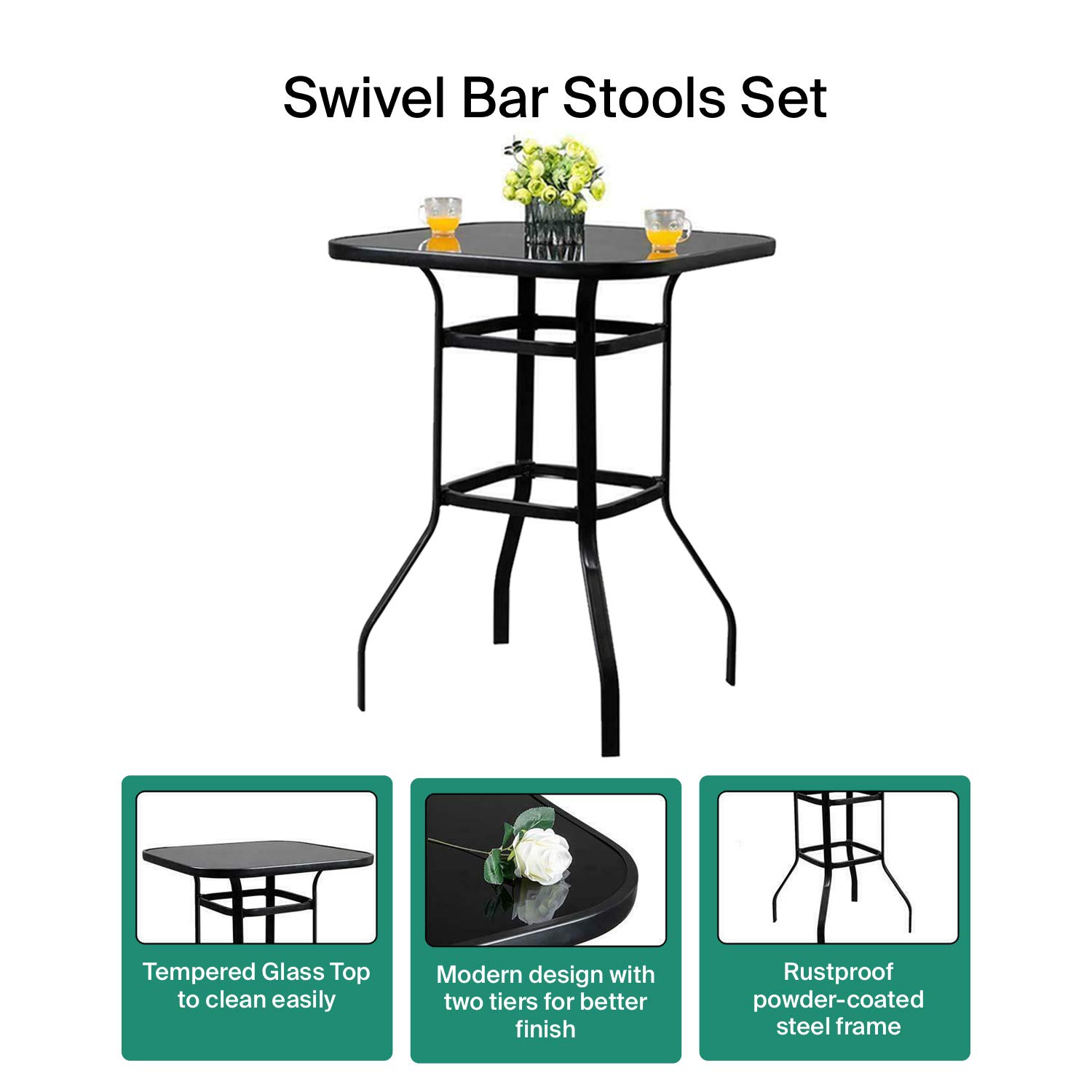 Outdoor Bistro Table - Black Metal Frame & Glass Top for Patio, Poolside, Balcony