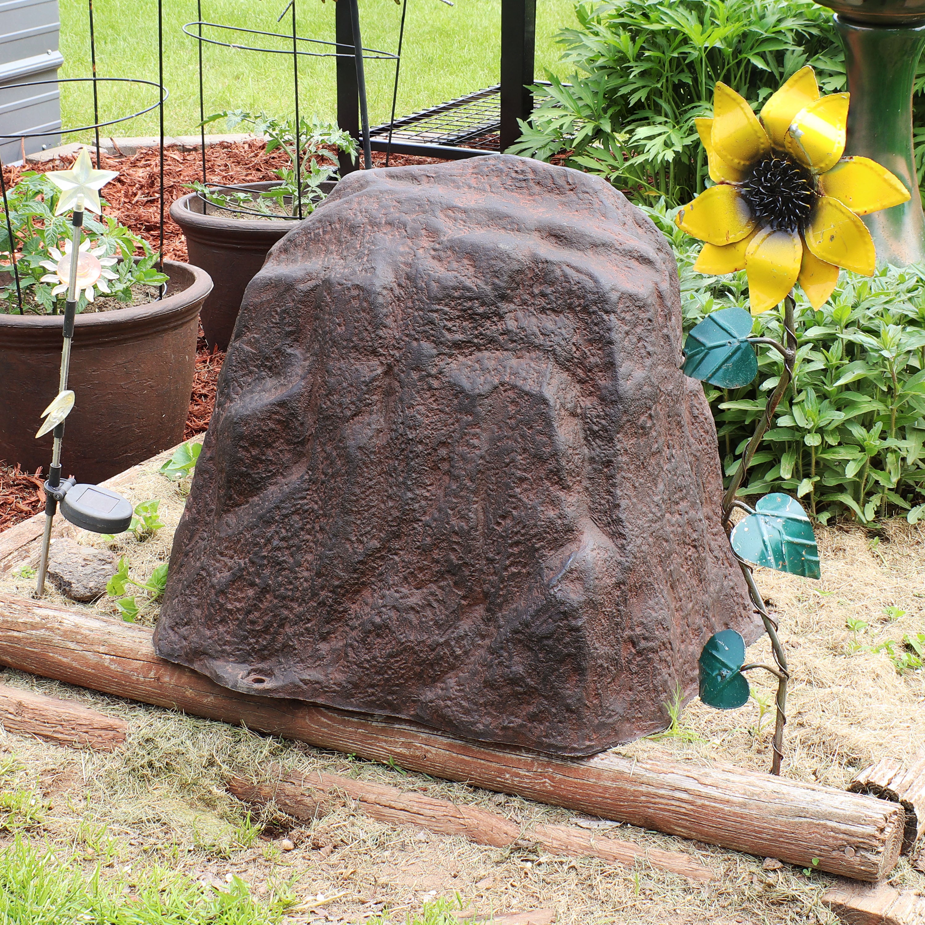 Sunnydaze Polyresin Landscape Rock Cover with Stakes - Decorative Yard Rock Cover for Outdoor Garden, Lawn, and Patio - Weatherproof and UV Resistant - Perfect for Hiding Utility Boxes, Cables, and Unsightly Areas