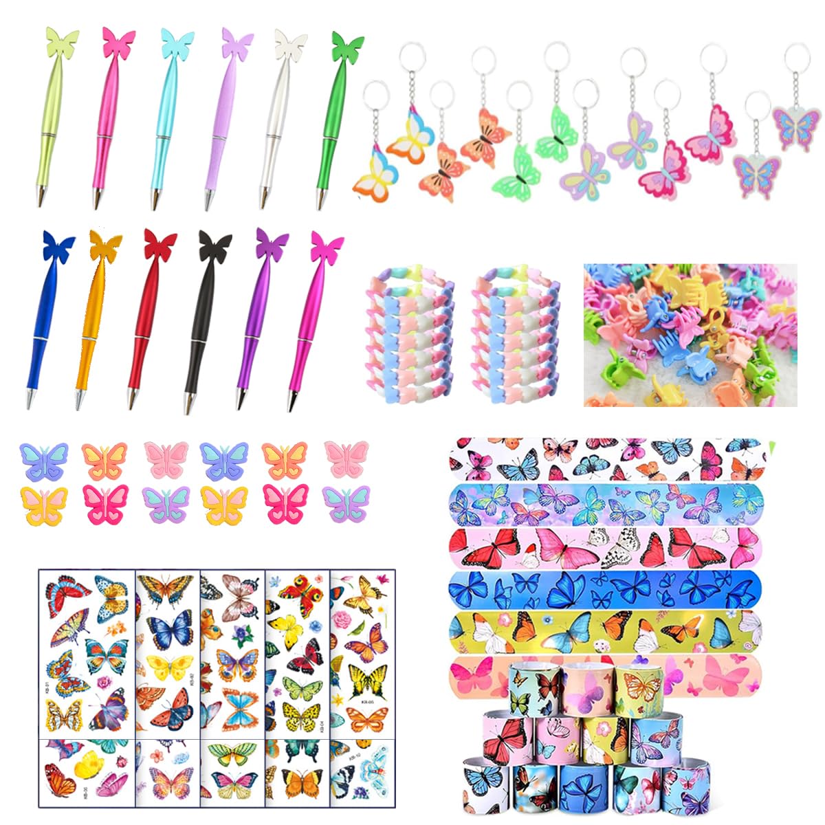Butterfly Themed Party Favors Set - Keychains, Bracelets, Tattoo Stickers, Wristbands, Hair Clips & Pens | Birthday Party Supplies & Decorations for Girls, Kids Birthday, Baby Shower & Themed Events