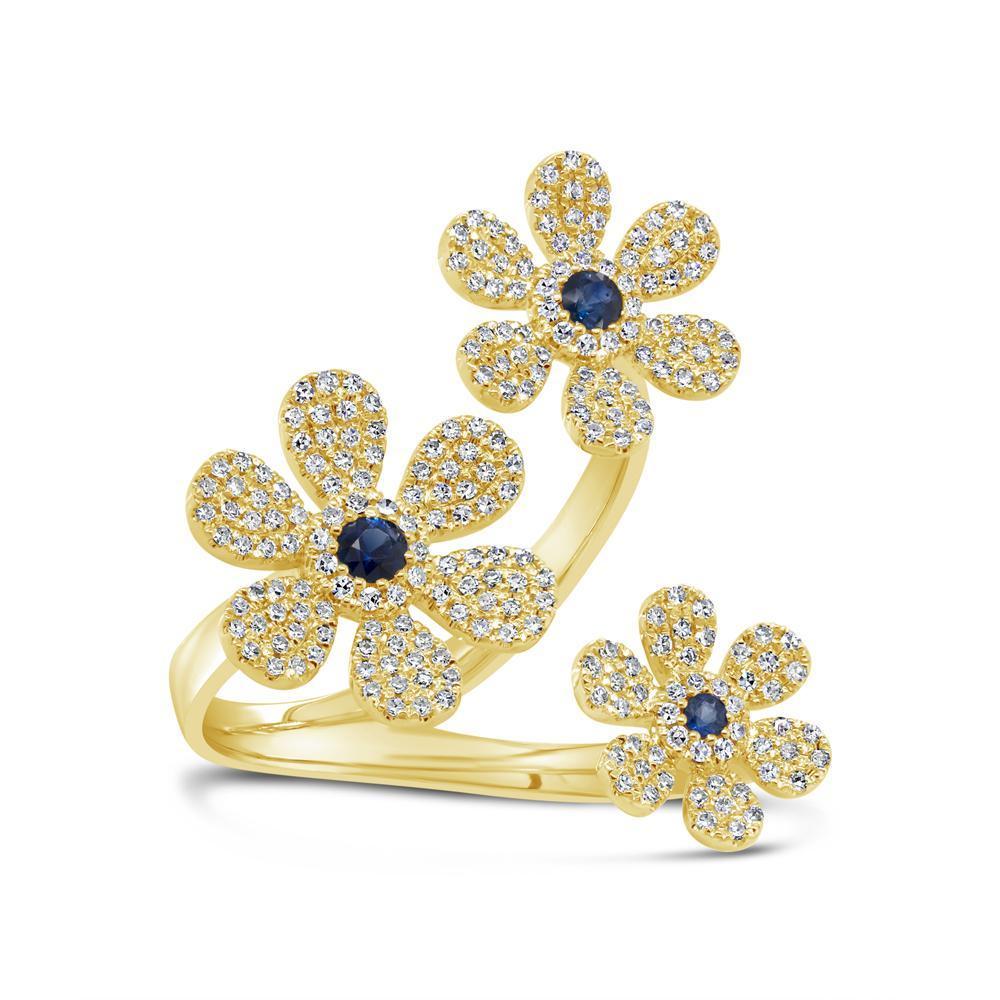 14Kt Gold 0.65 CTW Sapphire & Diamond Pavé 3 Flower Ring - Elegant Jewelry for Weddings, Anniversaries & Special Occasions