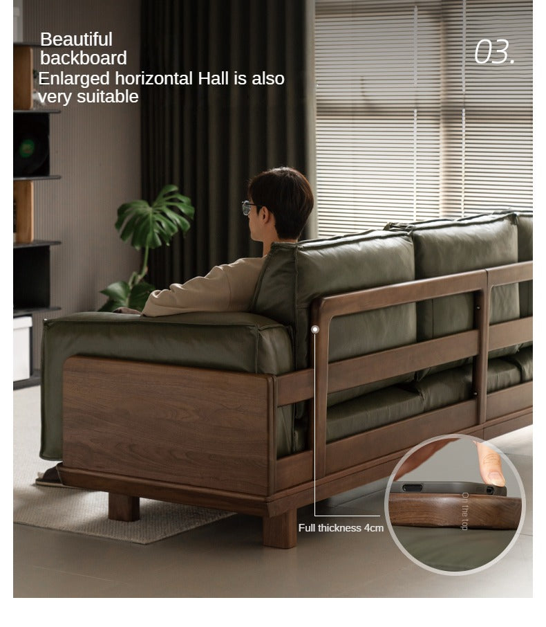 Premium Black Walnut Solid Wood Leather Sofa - Handcrafted Luxury Sofa for Living Room, Office & Lounge - Durable & Stylish Modern Furniture for Home Decor