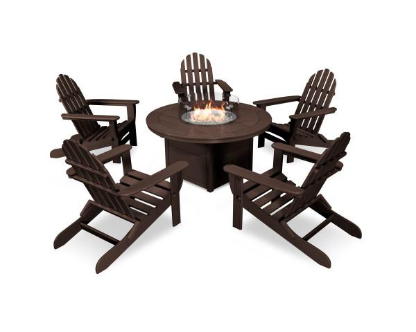 Polywood Classic Folding Adirondack 6-Piece Outdoor Patio Conversation Set with Fire Pit Table - Perfect for Backyard, Garden, and Poolside Relaxation