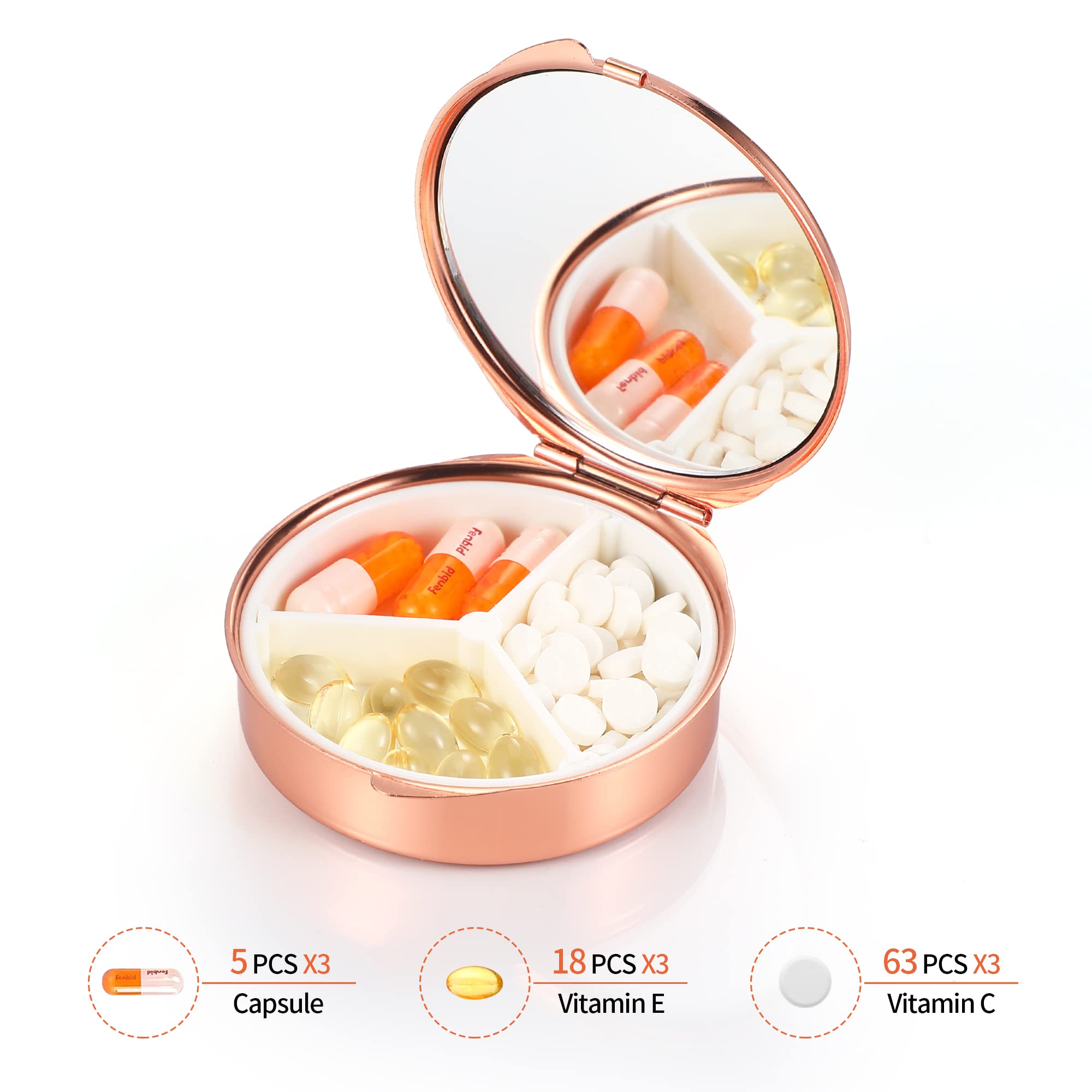 Dynippy 3 Compartment Pill Organizer with Mirror - Portable Round Rose Gold Pill Case for Vitamins, Medicine & Travel - Perfect for Purse, Pocket & Daily Use