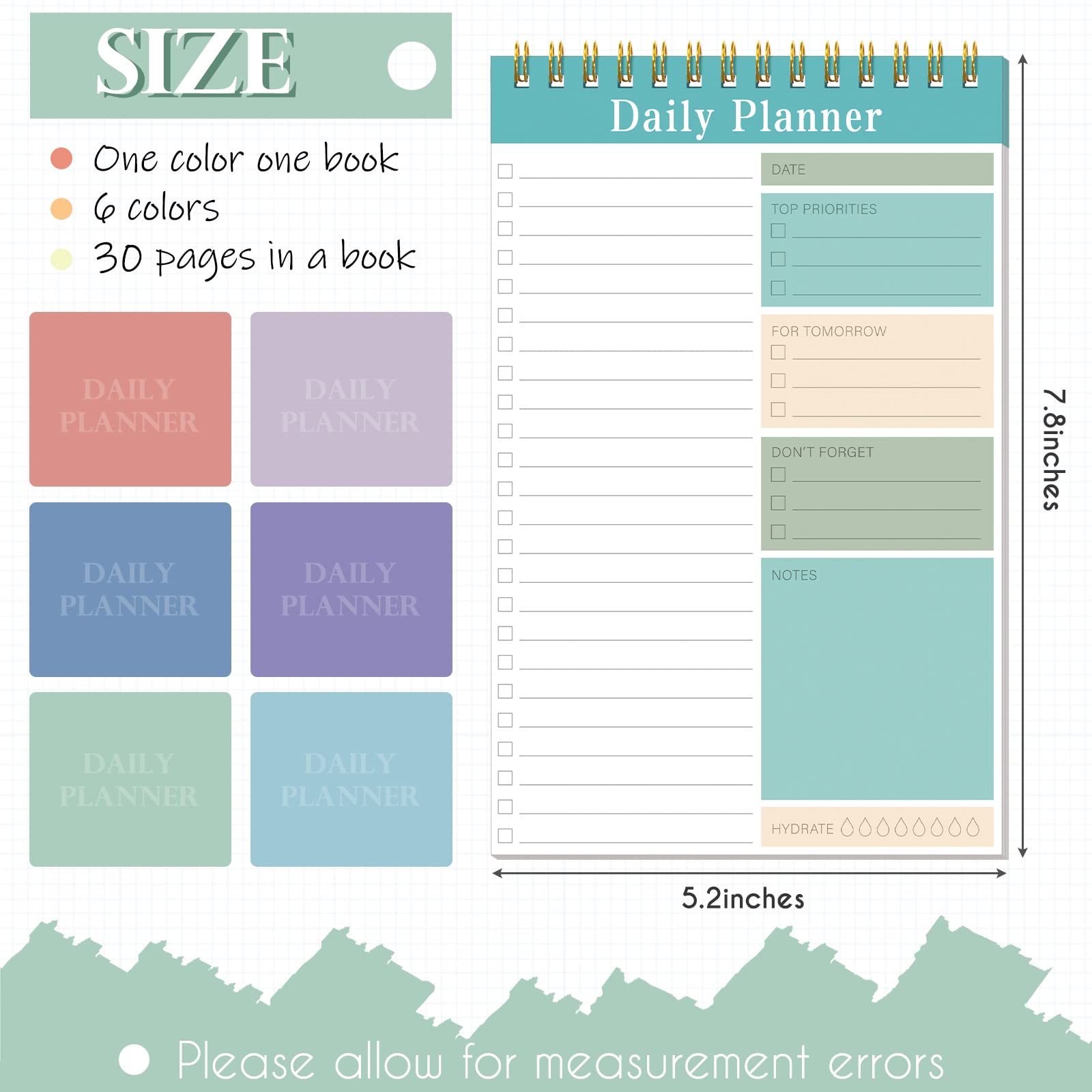 6-Pack Daily Planner Notepads - 30 Sheets Each, 7.87 x 5.12 Inch To-Do List Notebook for Office, Classroom & Home Organization (Fresh Style) - Perfect for Task Management, Grocery Lists & Study Notes