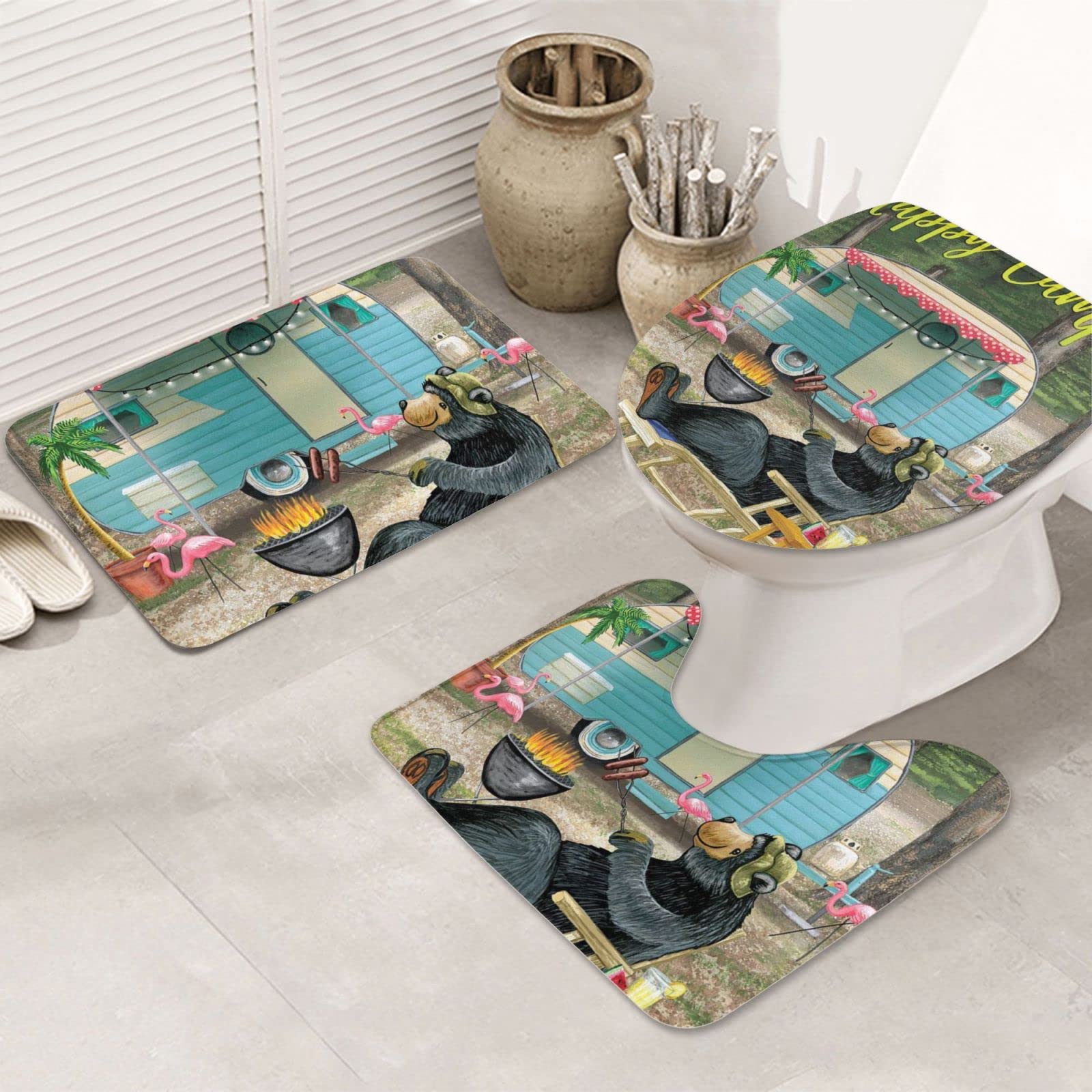 Happy Camper Non-Slip Bathroom Rugs Set - 3 Piece Contour Mat, Toilet Seat Cover & Shower Rug for Bathroom Safety | Soft Microfiber Absorbent Floor Mats for Kids & Adults | Perfect for Bath, Tub & Shower Areas