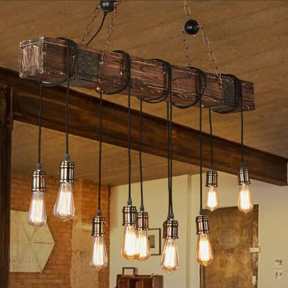 10-Light Wooden Chandelier - Rustic Retro Pendant Light with Adjustable Hanging Cord - Farmhouse & Industrial Ceiling Lamp for Dining Room, Living Room, Bedroom Decor