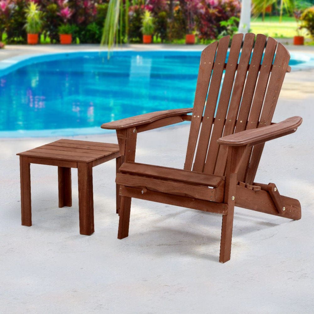 Gardeon Outdoor Folding Beach Camping Chairs with Table Set - Portable Wooden Adirondack Lounge Chairs for Backyard, Patio, Picnic & Beach Relaxation