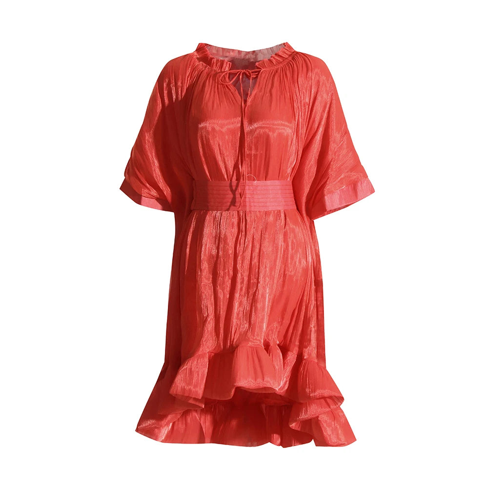 Women's Asymmetrical High Waist Pleated A-Line Mini Dress - Round Neck Short Sleeve Summer Casual Dress for Date Night, Party & Vacation