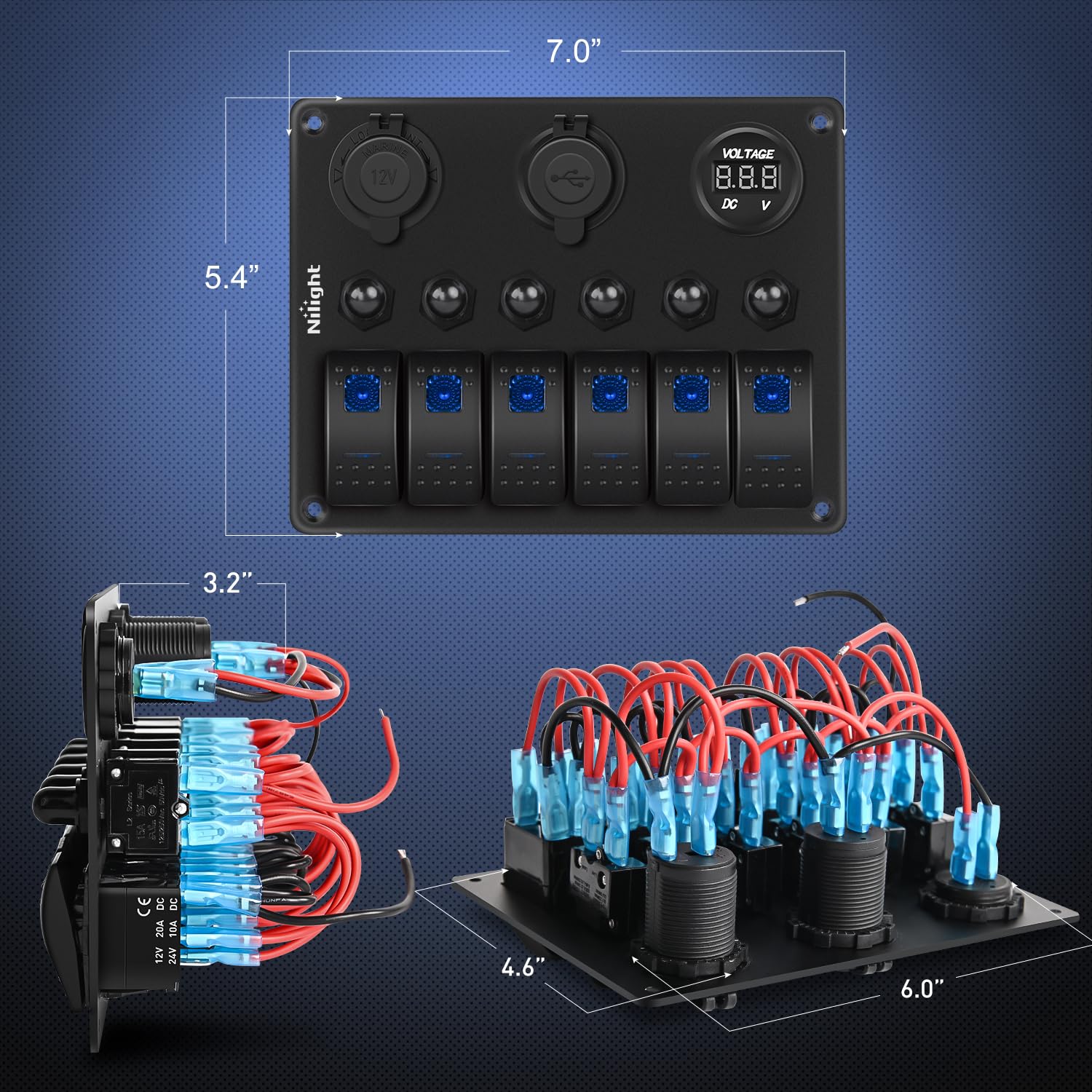 6 Gang ON/Off Blue LED Rocker Switch Panel with PD Type C & Dual USB Ports, 12V Cigarette Lighter Socket and Voltmeter - Perfect for RV, Boat, Truck, and Marine Electrical Systems