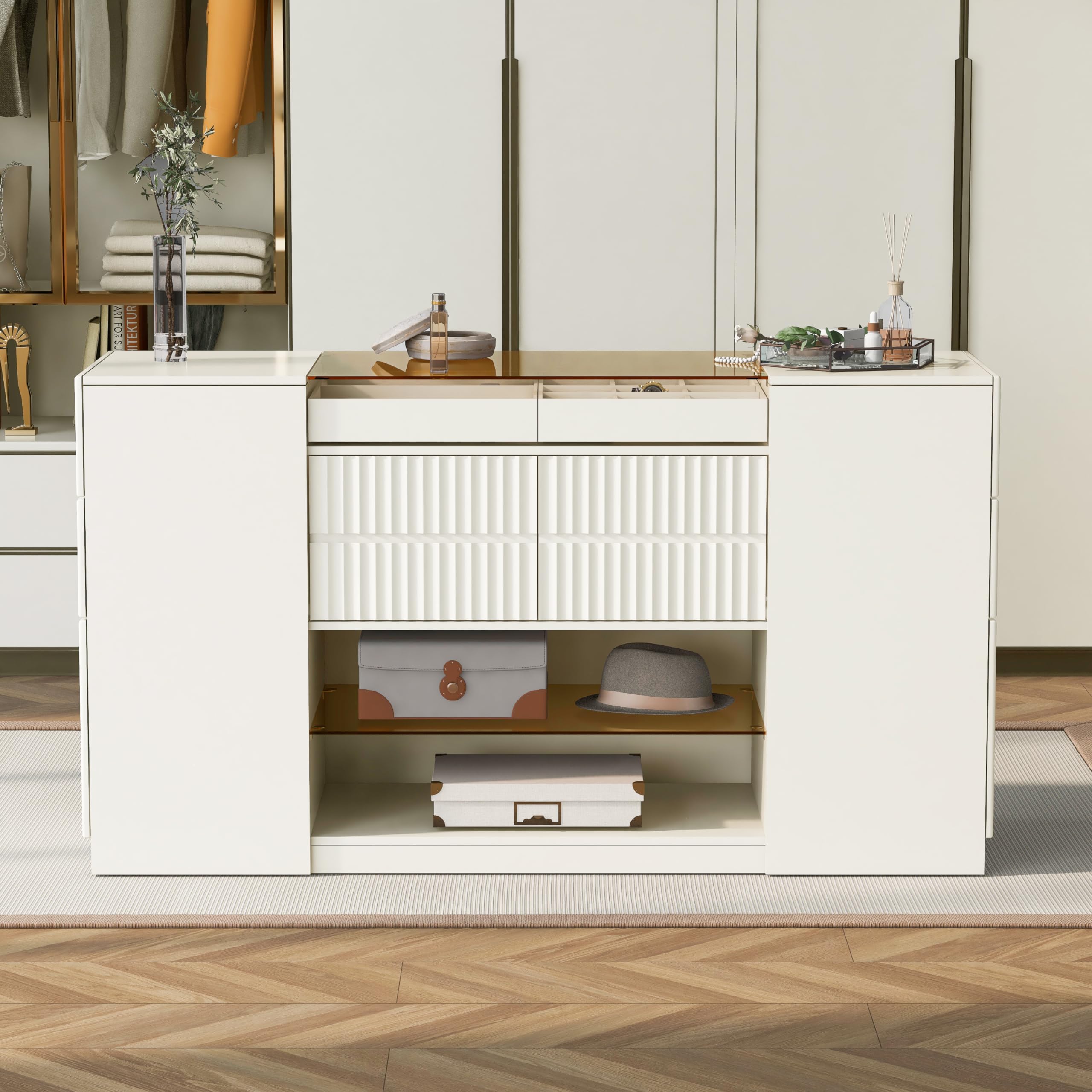 Modern White Wooden Armoire with Glass Top & 6 Drawers - Multi-Functional Bedroom Storage Cabinet for Walk-in Closets, Wardrobe Organization & Display Shelf - Perfect for Master Bedrooms, Guest Rooms & Apartment Living