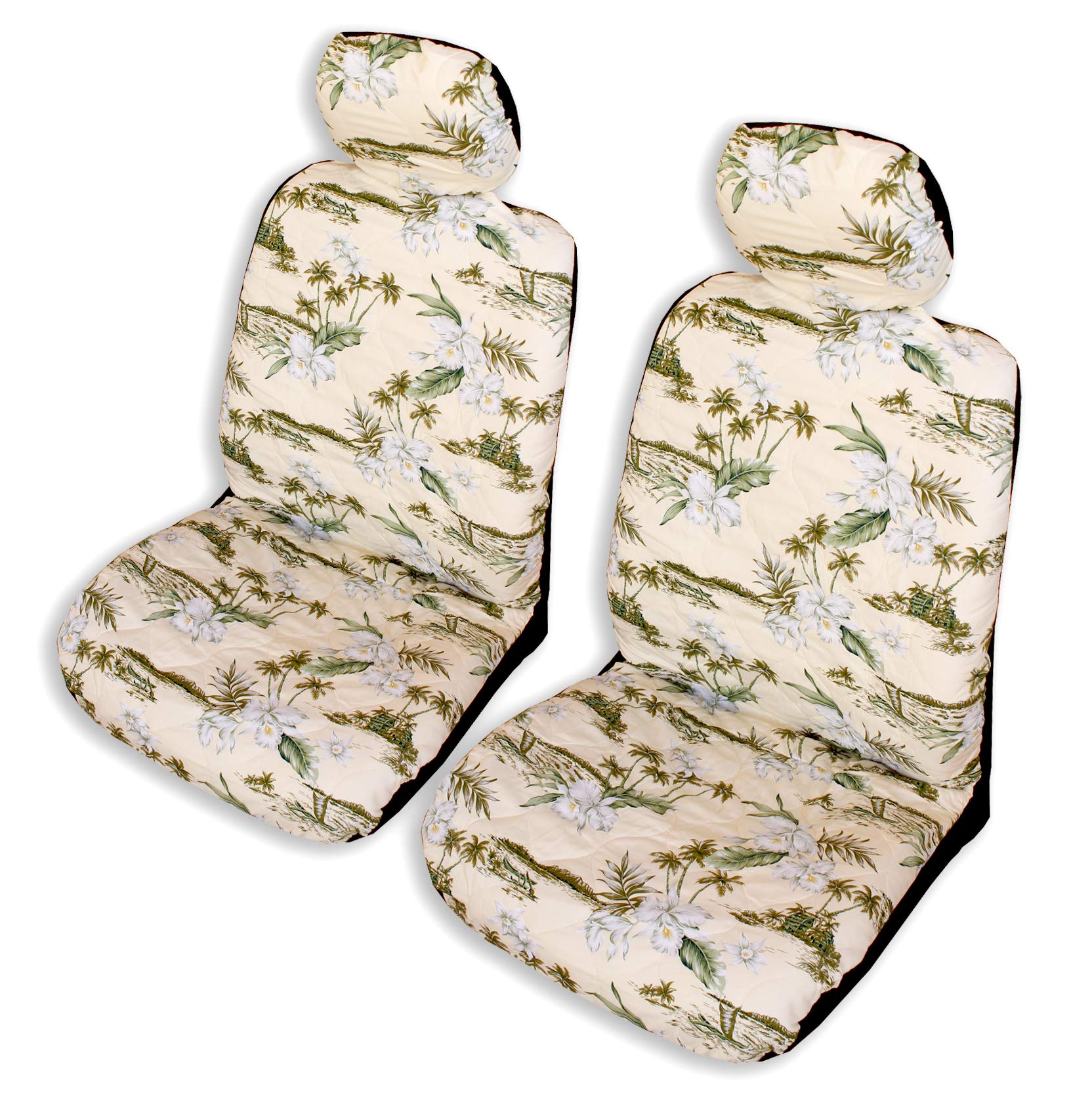 Premium 2-Piece Hawaiian Car Seat Covers with Headrest Covers - Orchid Cream Color, Double Armrest Design for Custom Fit | Perfect for Beach Trips, Summer Road Travel & Tropical-Themed Car Interiors