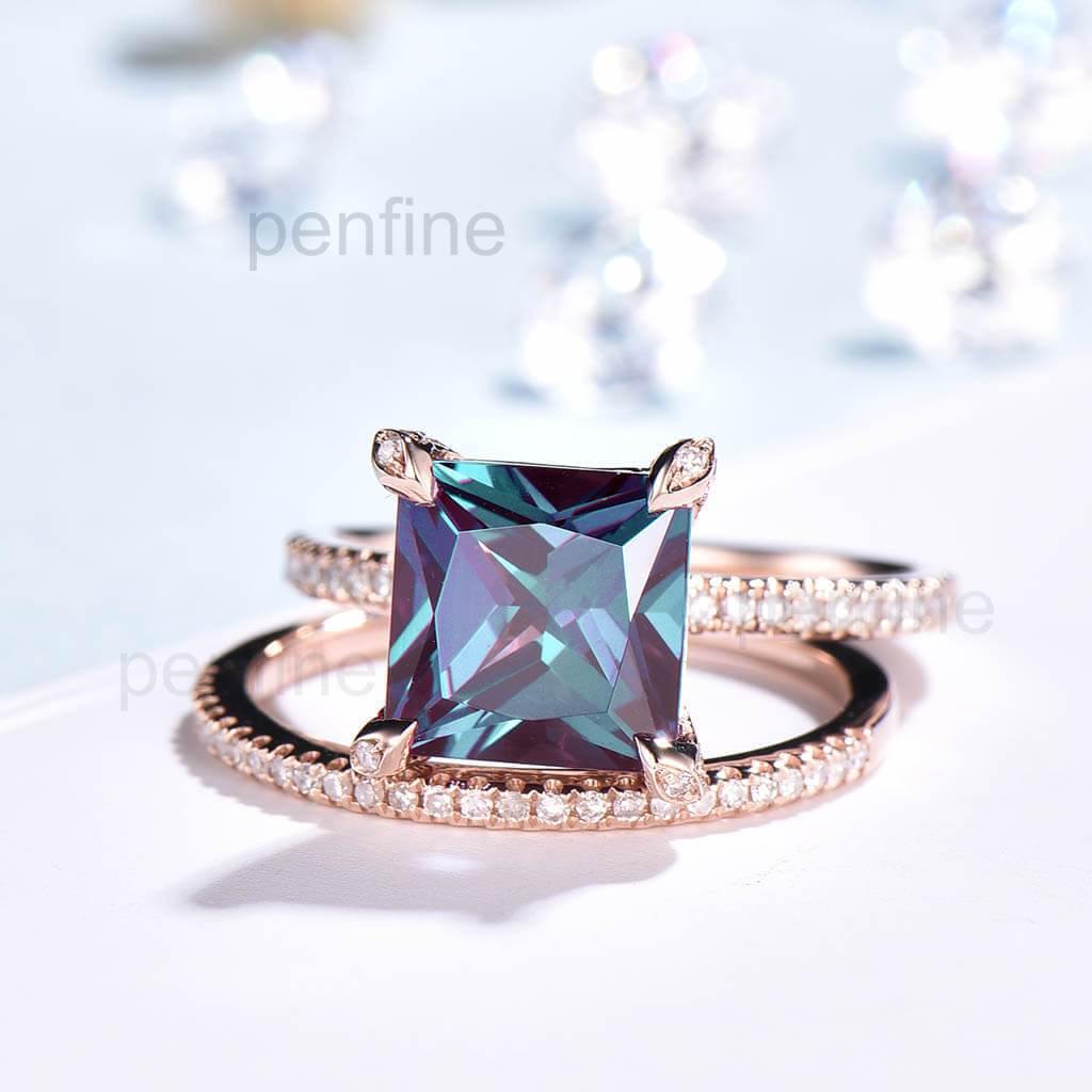 Princess Cut Alexandrite Diamond Engagement Ring Set with Claw Prong Setting - 2 Piece Bridal Jewelry Set for Proposals, Weddings & Anniversaries