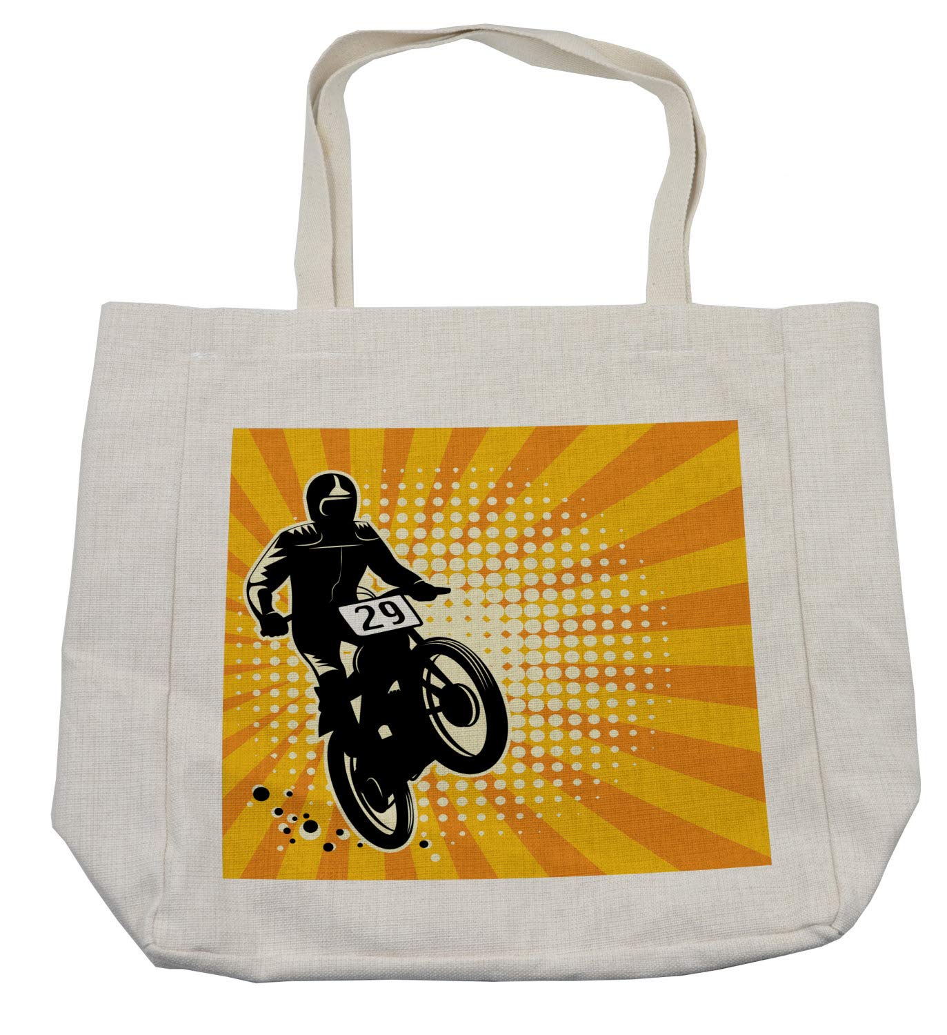 Eco-Friendly Reusable Grocery Shopping Bag - Abstract Dirt Bike Stunt Rider Design on Yellow & Orange Starburst Pattern, 15.5