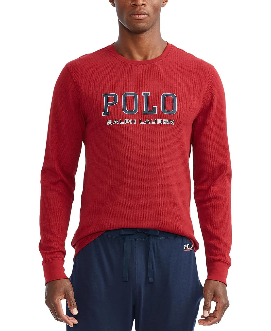 Ralph Lauren Men's Waffle Knit Long Sleeve Sleep Shirt - Soft Cotton Lounge Tee for Nightwear & Relaxation, X-Large, Burgundy Red