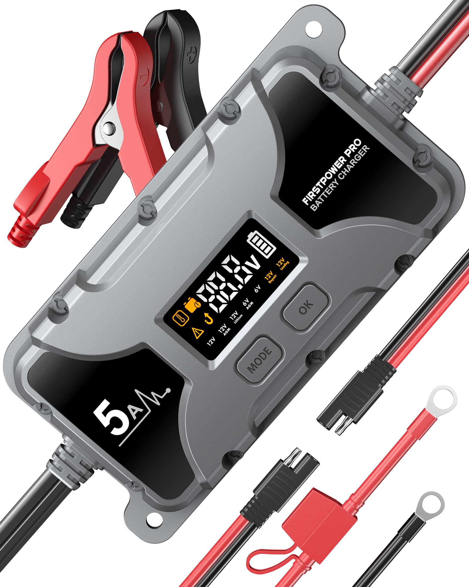 5A 12V/6V Smart Car Battery Charger & Maintainer - Portable Fast-Charging for Lead Acid, AGM, Gel, Lithium (LiFePO4) Batteries - Pulse Repair & Trickle Charge for Cars, Motorcycles, RVs, Boats - Perfect for Winter Storage & Emergency Jump Starts