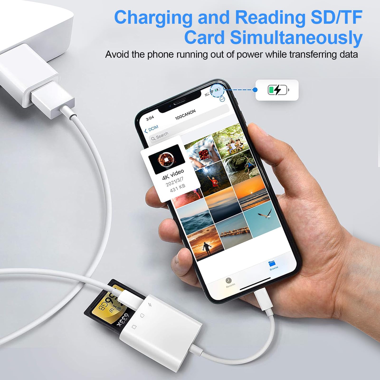 Lightning SD Card Reader for iPhone & iPad - Dual Slot SD/Micro SD Memory Card Adapter with Charging Port - Perfect for Trail Cameras, Photography & File Transfer