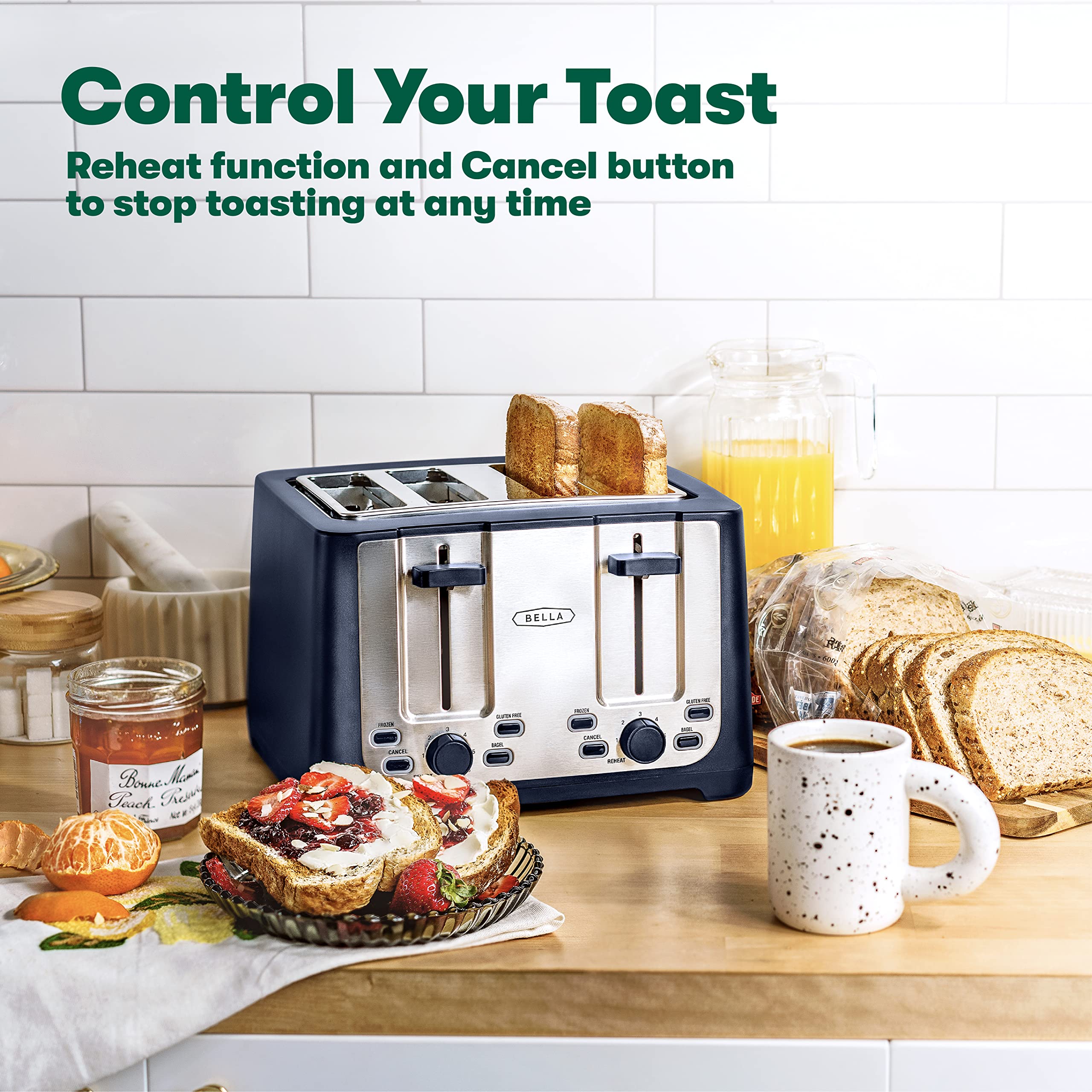 BELLA 4 Slice Toaster with Auto Shut Off - Extra Wide Slots for Bagels & Thick Bread, Removable Crumb Tray, Cancel/Defrost/Reheat Functions - Perfect for Breakfast, Kitchen & Office Use (Blue)