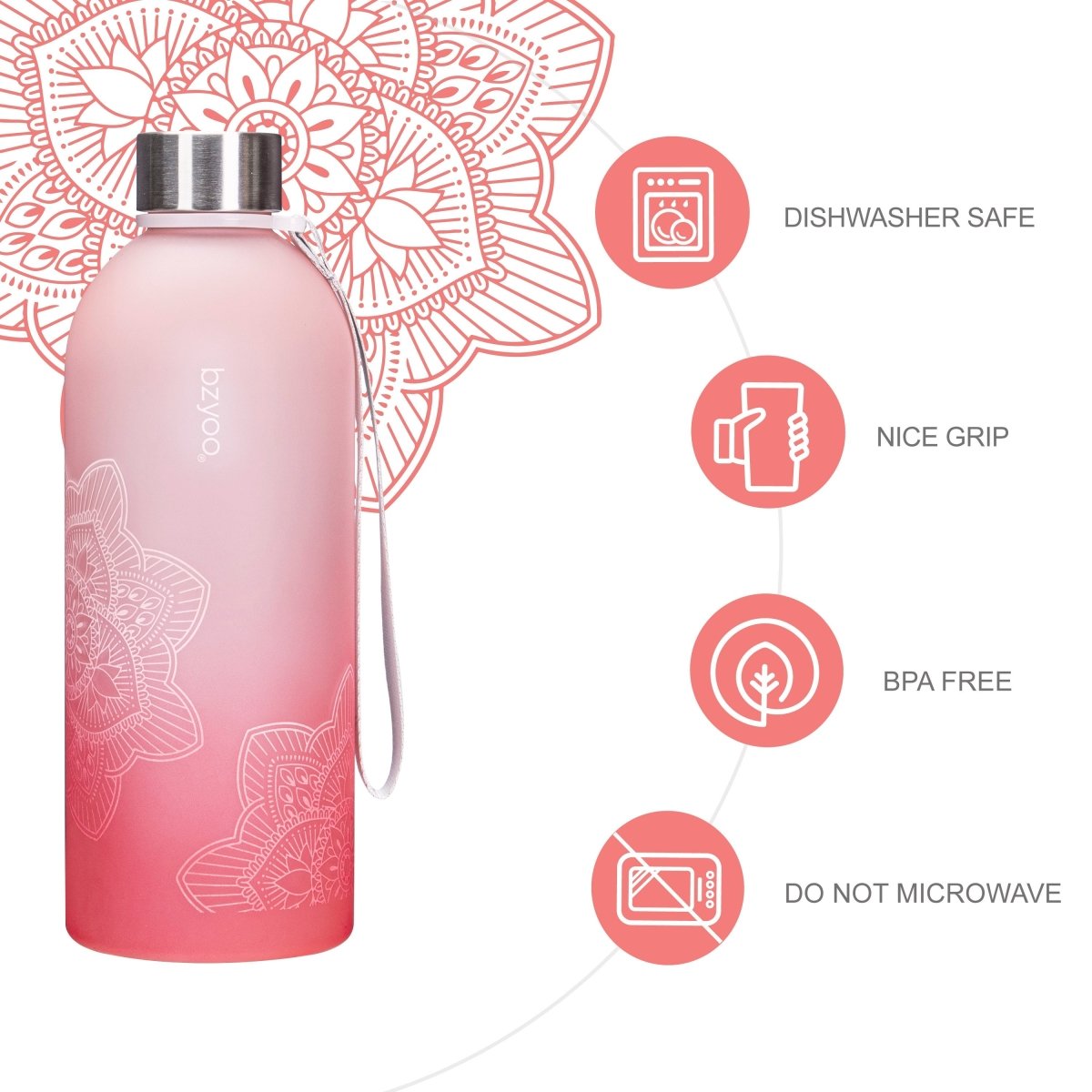 32oz La La Mandala Time Marker Tritan Water Bottle with Carrying Strap - Ombre Red | BPA-Free Leakproof Water Container for Gym, Yoga, Hiking & Outdoor Activities | Motivational Hydration Tracking Bottle for Fitness Enthusiasts
