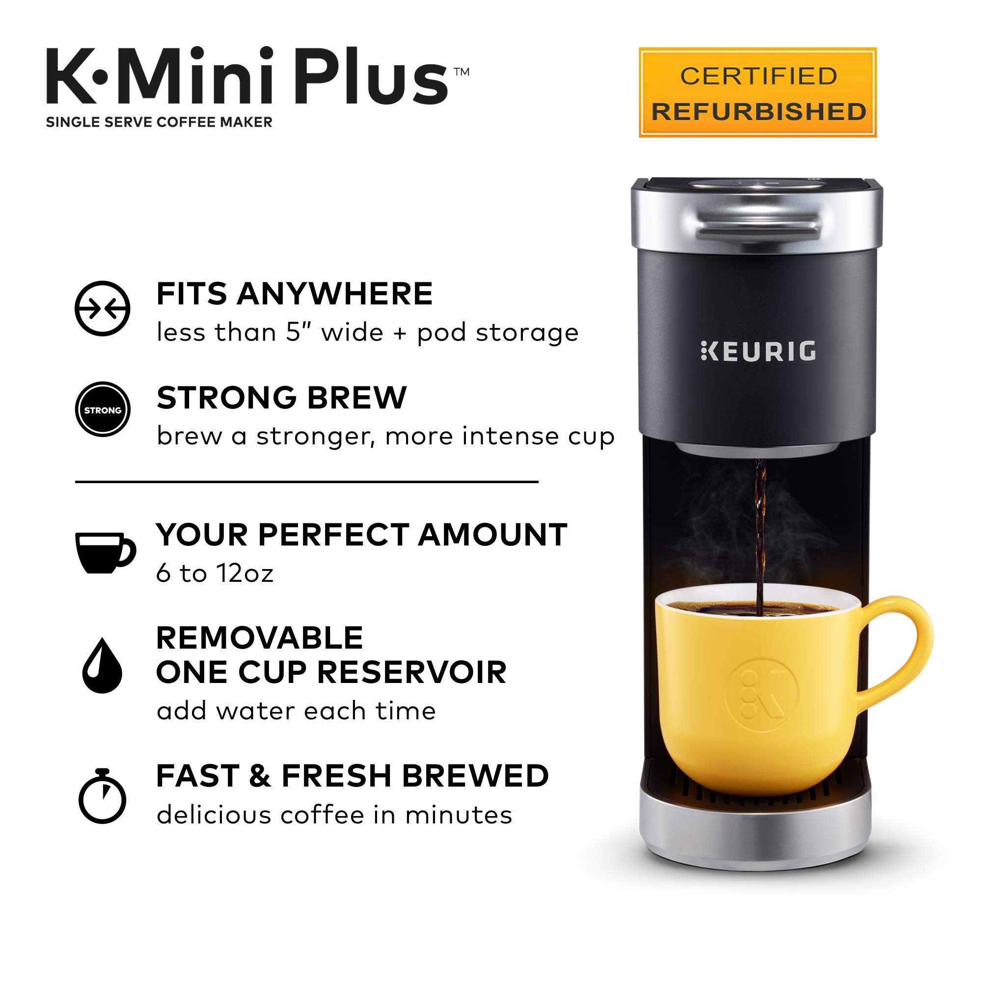 Certified Refurbished Keurig K-Mini Plus Single Serve Coffee Maker - Black (Renewed) | Compact Design for Home, Office & Dorm Use | Fast Brewing with No Water Reservoir