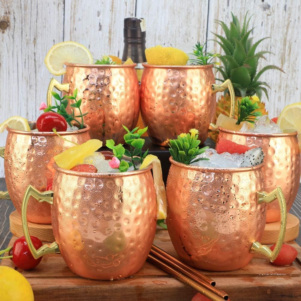 LINALL Moscow Mule Copper Mugs - Set of 6 (18oz) Copper Plated Stainless Steel Cups for Cocktails, Iced Coffee & Chilled Beverages - Perfect for Parties, Bars & Home Entertaining
