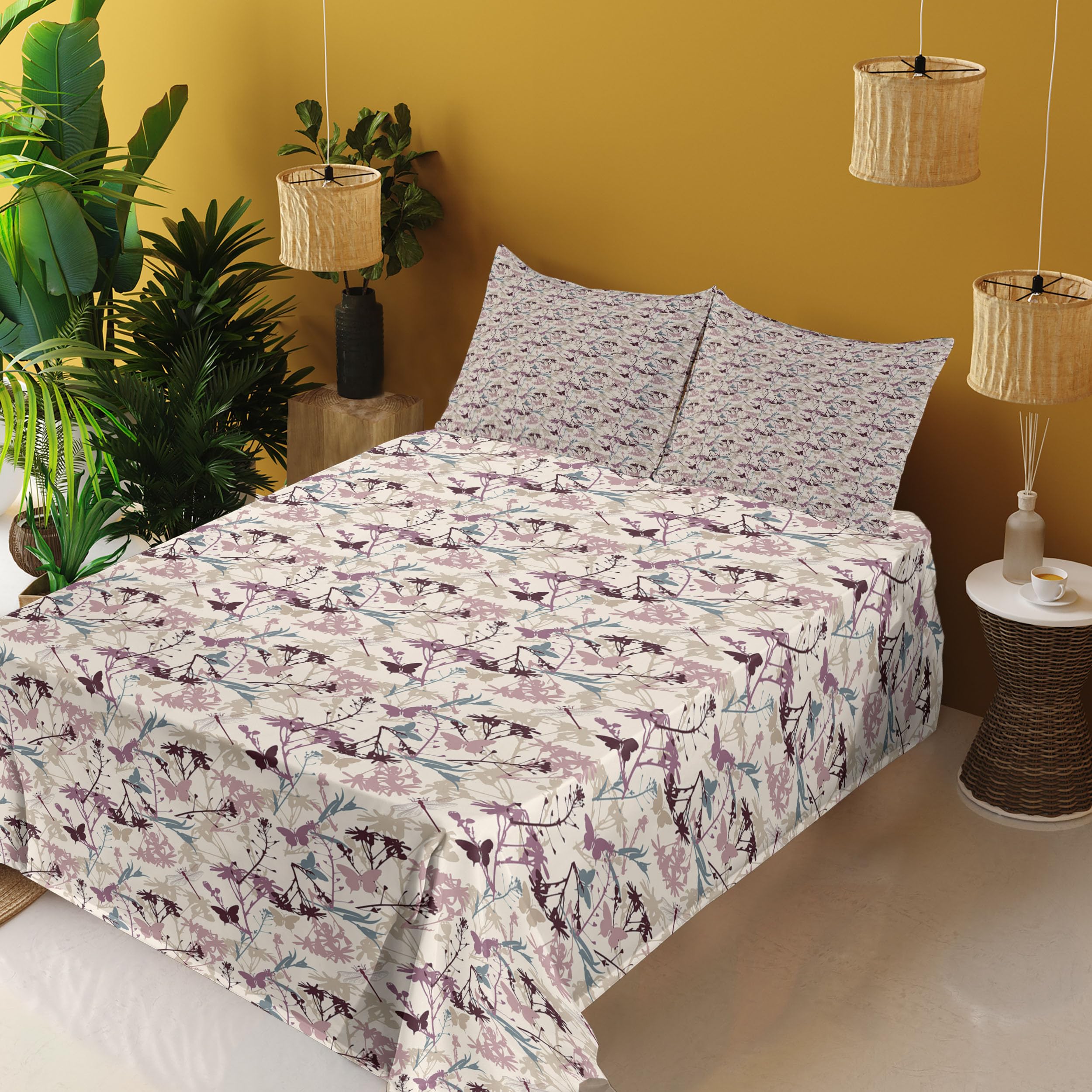 Ambesonne Floral Sheet Set 4-Piece King Size - Abstract Butterfly & Dragonfly Wildflowers Design, Teal Beige Mauve Bedding with Fitted Sheet, Flat Sheet & Pillowcases | Perfect for Guest Rooms, Master Bedrooms & Bohemian Home Decor