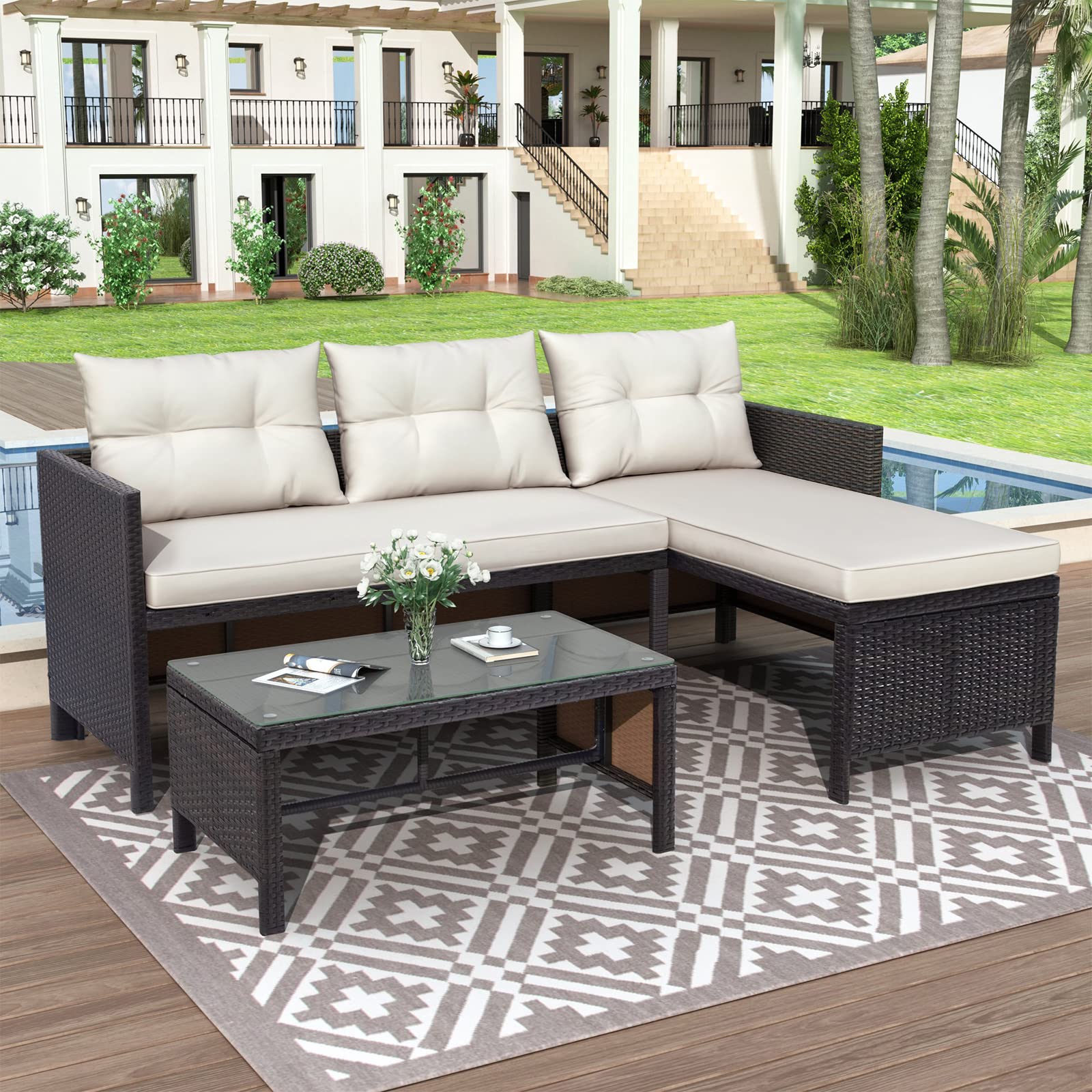 Uhomepro 3-Piece All-Weather Wicker Patio Furniture Set - Outdoor Sectional Sofa with Glass Coffee Table & Cushions, Beige Rattan Conversation Set for Garden, Balcony, Poolside or Backyard Relaxation
