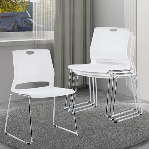 Stackable Plastic Chairs Set of 4 - White Reception Chairs with Durable Plastic Shell Seat for Conference Room, Dining Room, Waiting Area & Classroom - Perfect for Office, School, Restaurant and Event Seating