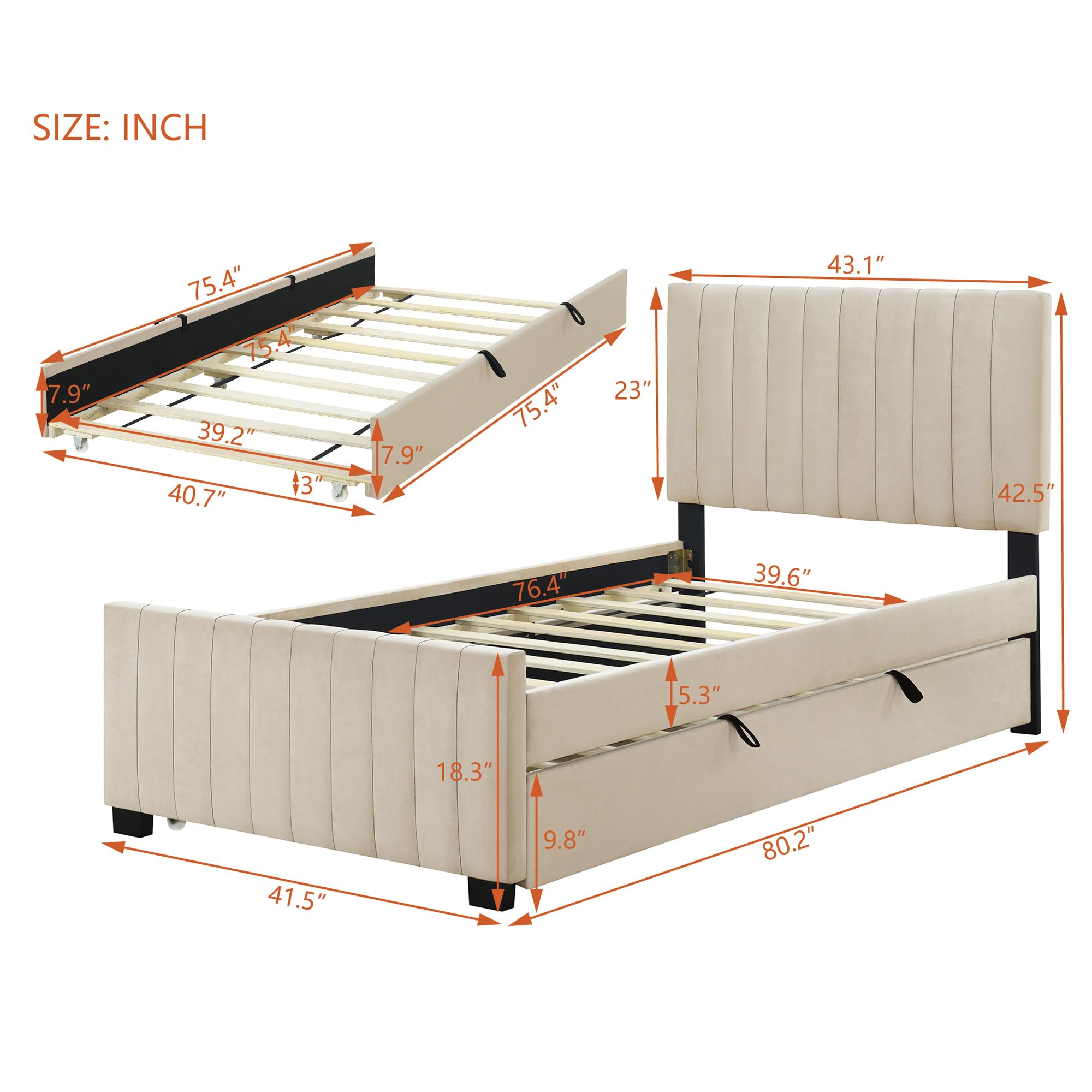 P PURLOVE Velvet Upholstered Twin Size Platform Bed Frame with Headboard & Trundle - No Box Spring Needed, Easy Assembly, Beige - Perfect for Small Bedrooms, Guest Rooms & Kids' Rooms