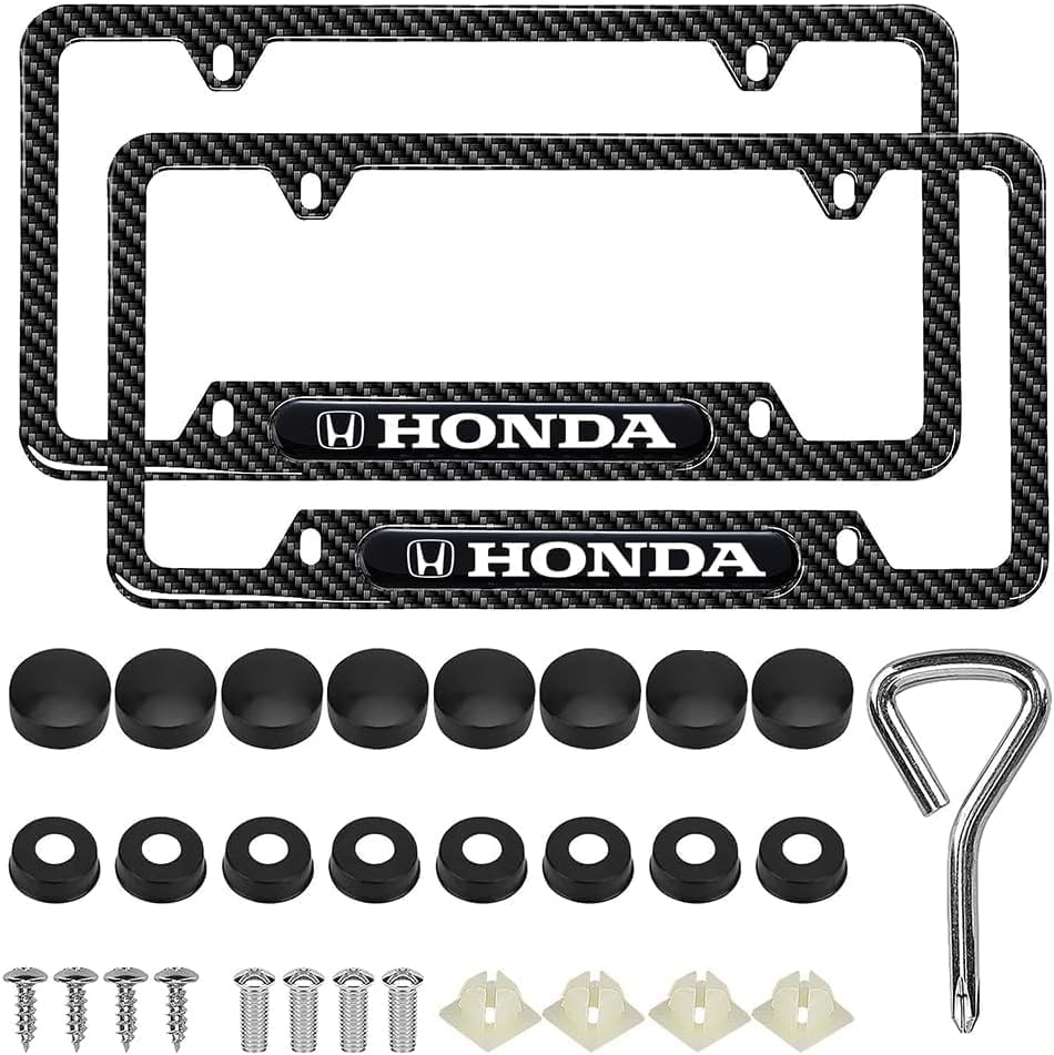 Black Matte Carbon Fiber License Plate Frames for Honda - 2 Pack Durable Aluminum License Plate Holder Fits All Standard US Plates, Rustproof & Weatherproof Car Accessories with Mounting Hardware (Perfect for Honda Civic, Accord, CR-V & Other Models)