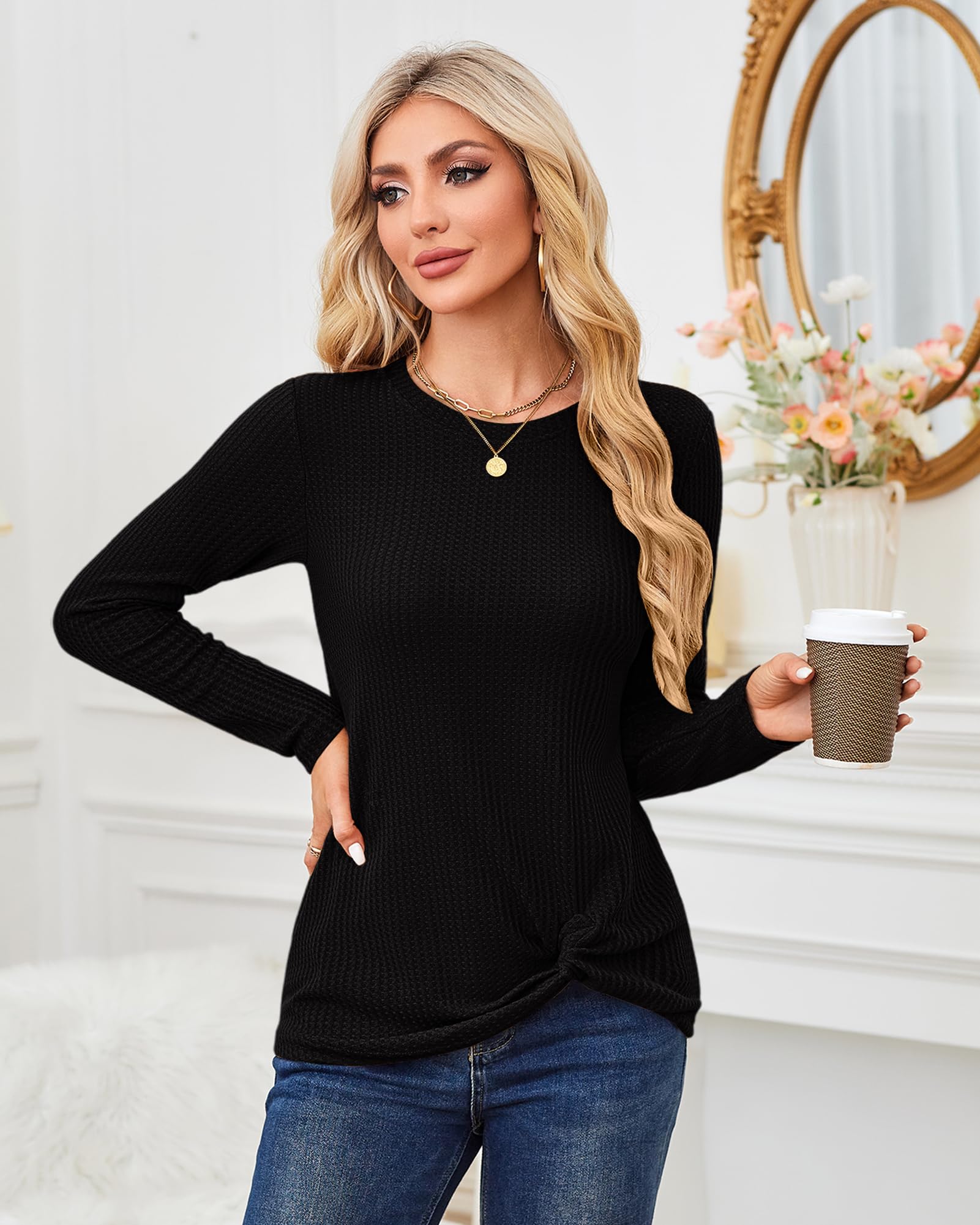 MISFAY Women's Casual Long Sleeve Knit Top with Twist Knot Detail - Soft Waffle Texture Shirt for Everyday Wear, Office Outfits & Fall Layering