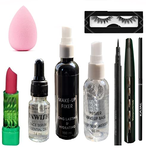 Waterproof Makeup Kit - 9 Pcs Combo with Eyelashes, Eyeliner, Mascara, Kajal, Makeup Fixer, Face Primer, Essential Oil Face Serum, Puff & Lipstick - Perfect for Travel, Parties & Everyday Glam