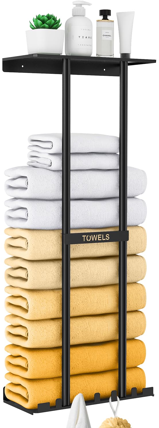 Sturdy 30-Inch Metal Towel Rack with Shelf & 5 Hooks - Wall Mounted Bathroom Storage Holder for 6 Large or Rolled Towels (Black) - Perfect for Spa, Guest Bathrooms & Laundry Rooms