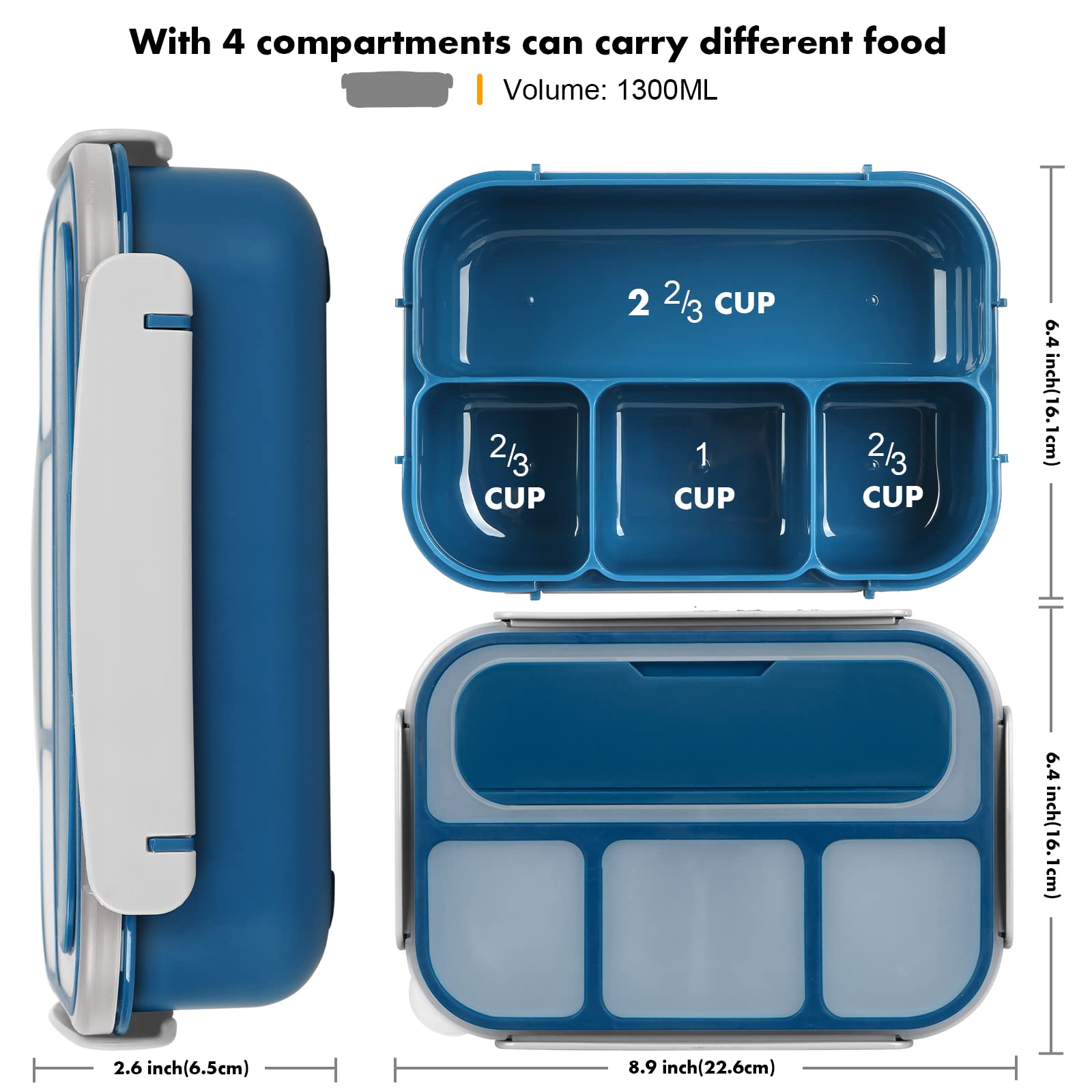 **1300ML Bento Box for Adults & Kids - 4 Compartment Leak-Proof Lunch Box with Food Picks & Cake Cups - Microwave, Dishwasher & Freezer Safe (Blue) - Ideal for School, Office, Picnics & Meal Prep**
