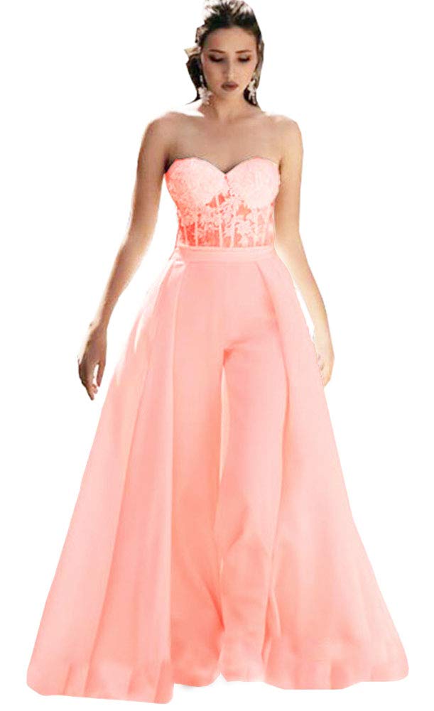 Honeydress Women's Strapless Sweetheart Jumpsuit Prom Dress with Waist Cloak Pants - Peach Wedding Guest Outfit for Evening Parties, Bridal Shower & Special Occasions