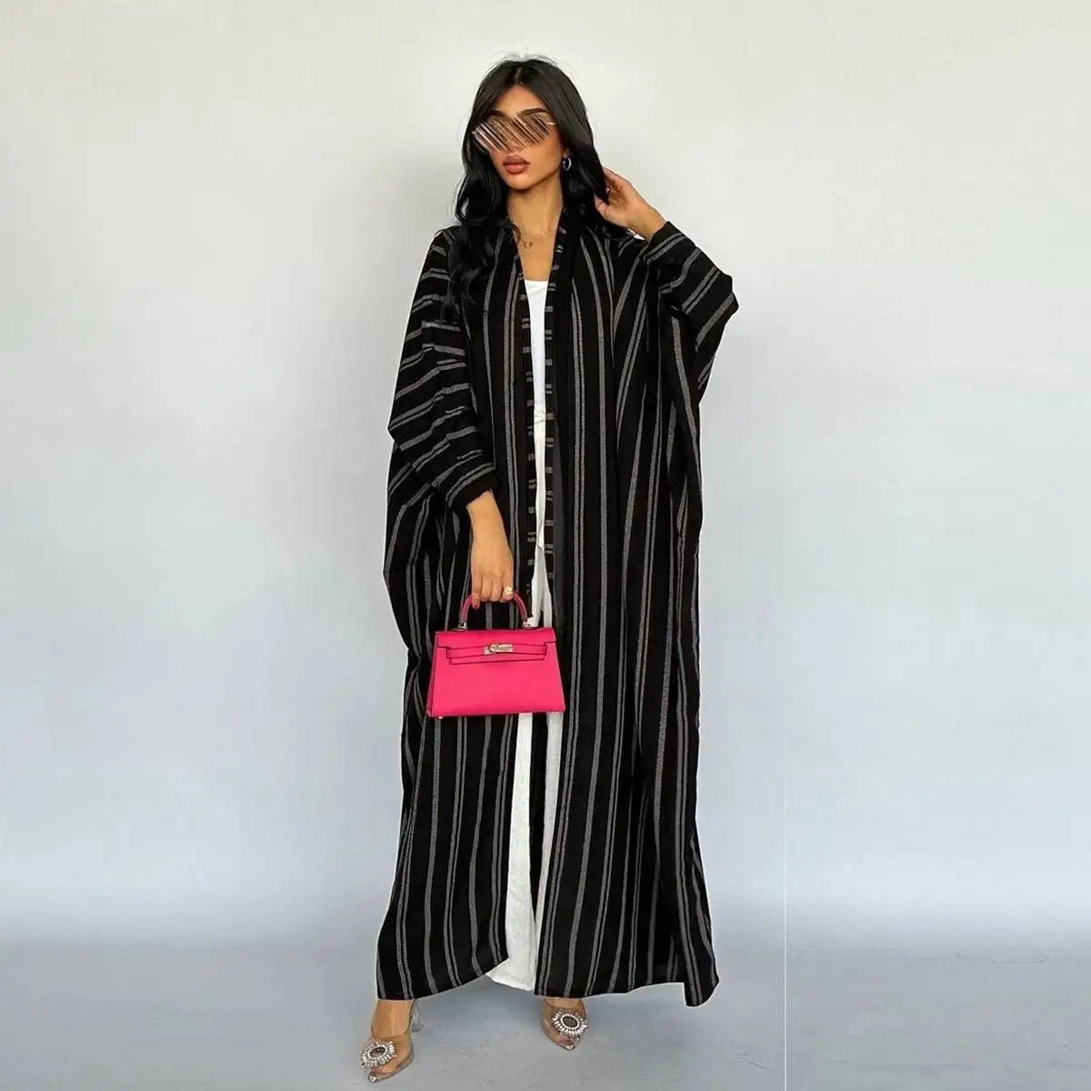 Urgarment Women's Cotton Stripe Printed Open Cardigan Abaya Dress - Perfect for Casual Wear, Prayer, and Modest Fashion
