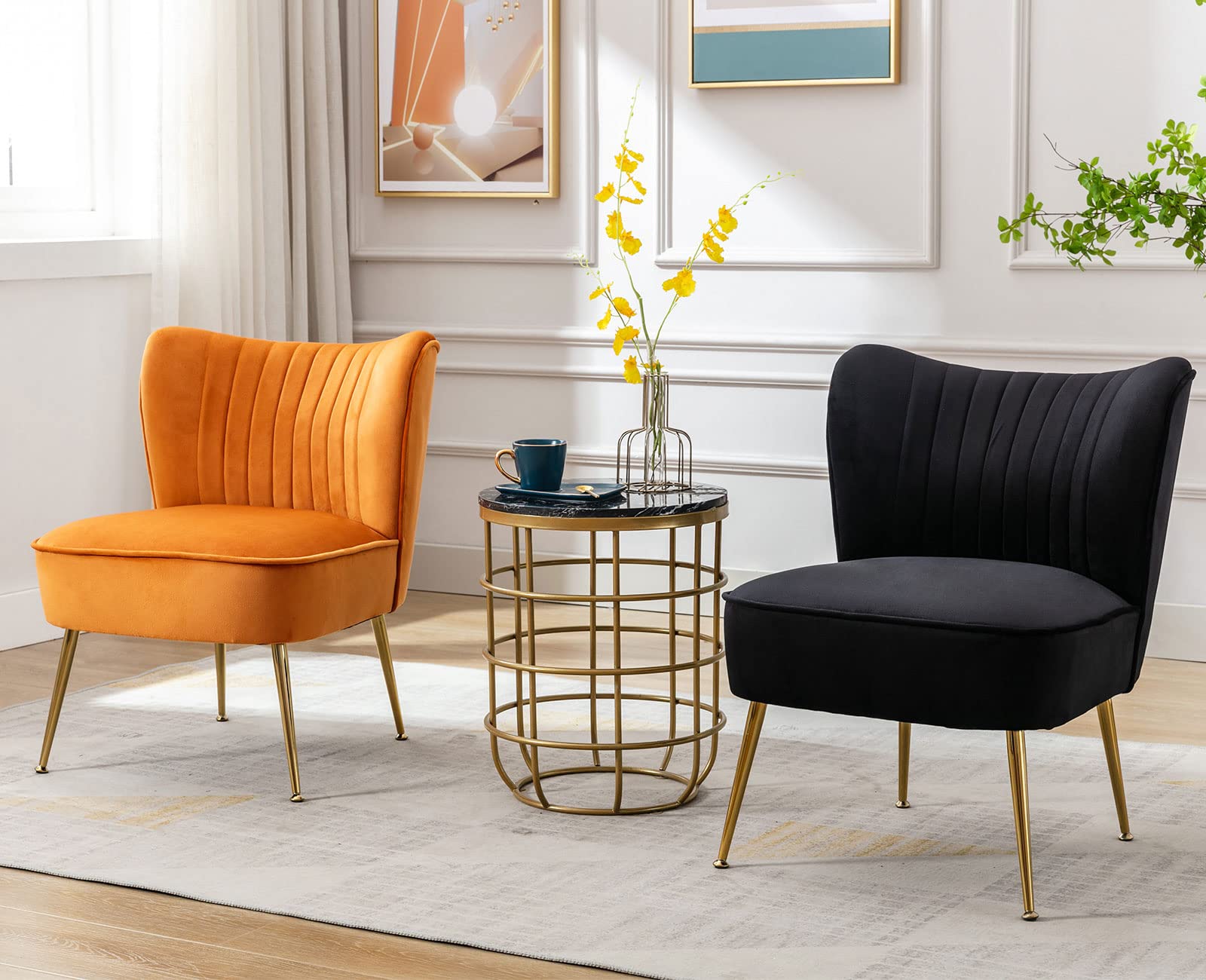 Velvet Accent Chairs Set of 2 - Mid-Century Modern Upholstered Side Chairs with Golden Legs, Armless Wingback Slipper Chairs for Living Room, Guest Room & Bedroom - Comfy Corner Seating for Home Decor, Black