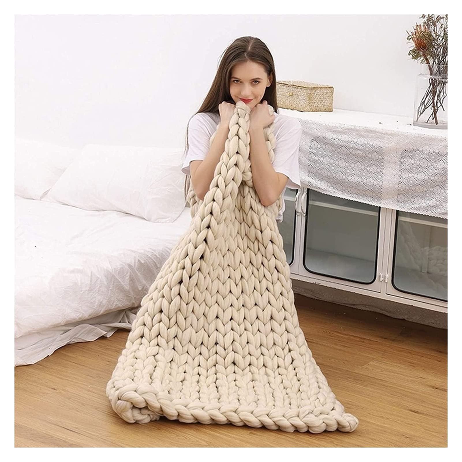 Chunky Knit Blanket - 40x40in (100x100cm) Handmade Arm Knitted Throw Blanket for Cozy Sofa, Bed & Fireplace - Soft Yarn Blanket for Winter Warmth & Home Decor