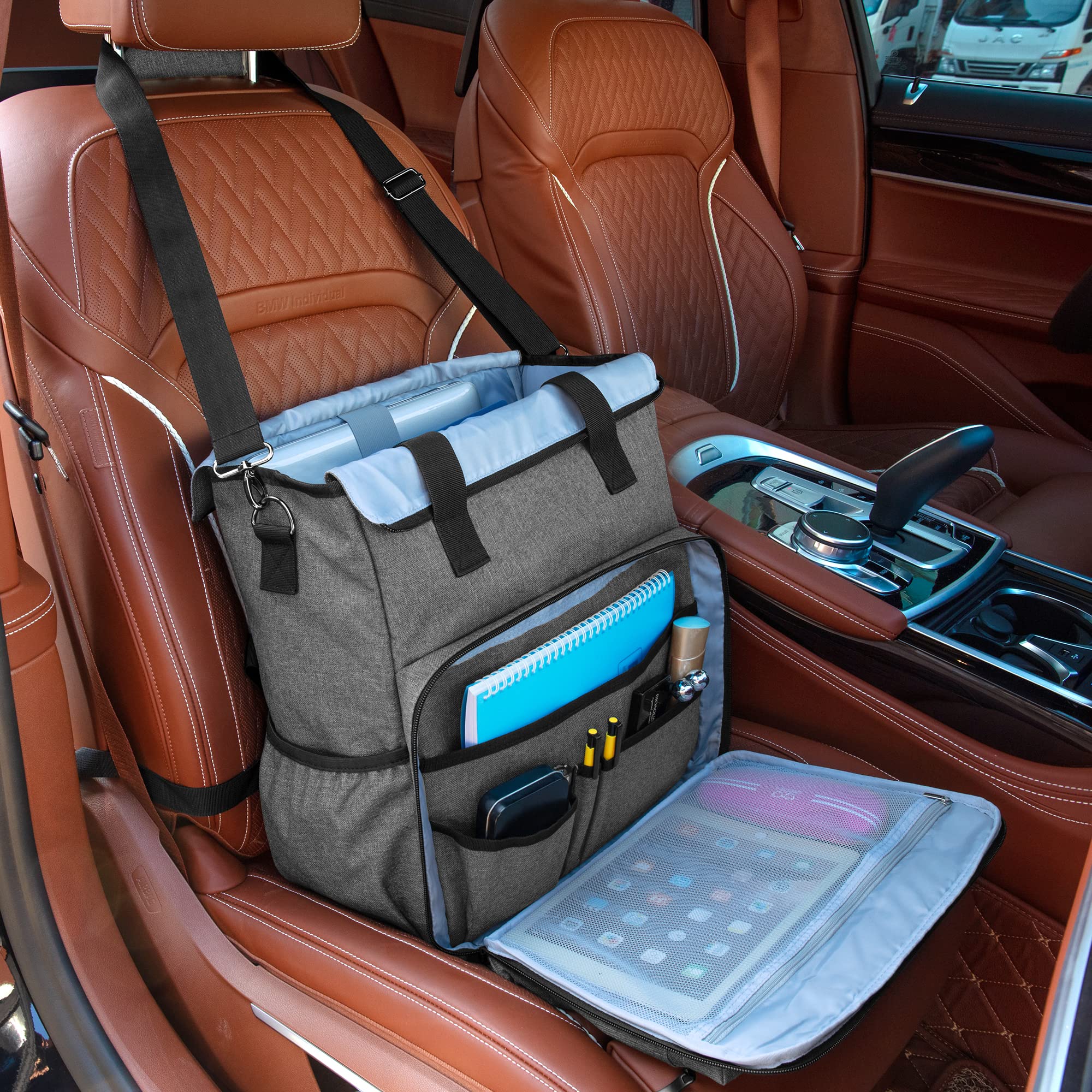 BAFASO Car Front Seat Organizer with Laptop Sleeve & Adjustable Shoulder Strap - Gray Auto Storage Organizer for Office Commute, Road Trips & Travel Accessories