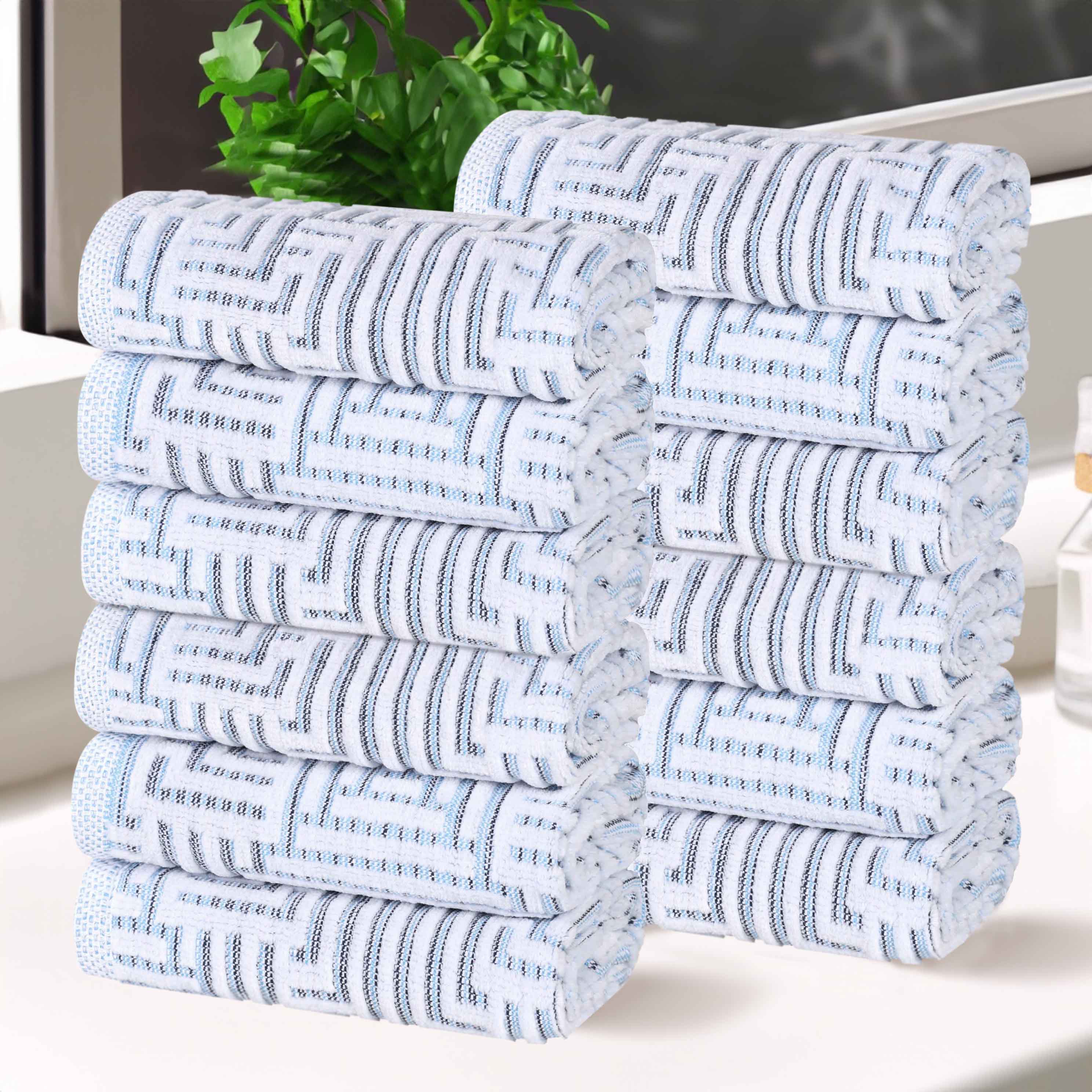 Premium Cotton Modern Geometric Jacquard Plush Face Towel Washcloth Set of 12 - Soft Bath & Spa Essentials for Gentle Skin Care & Luxury Home Decor