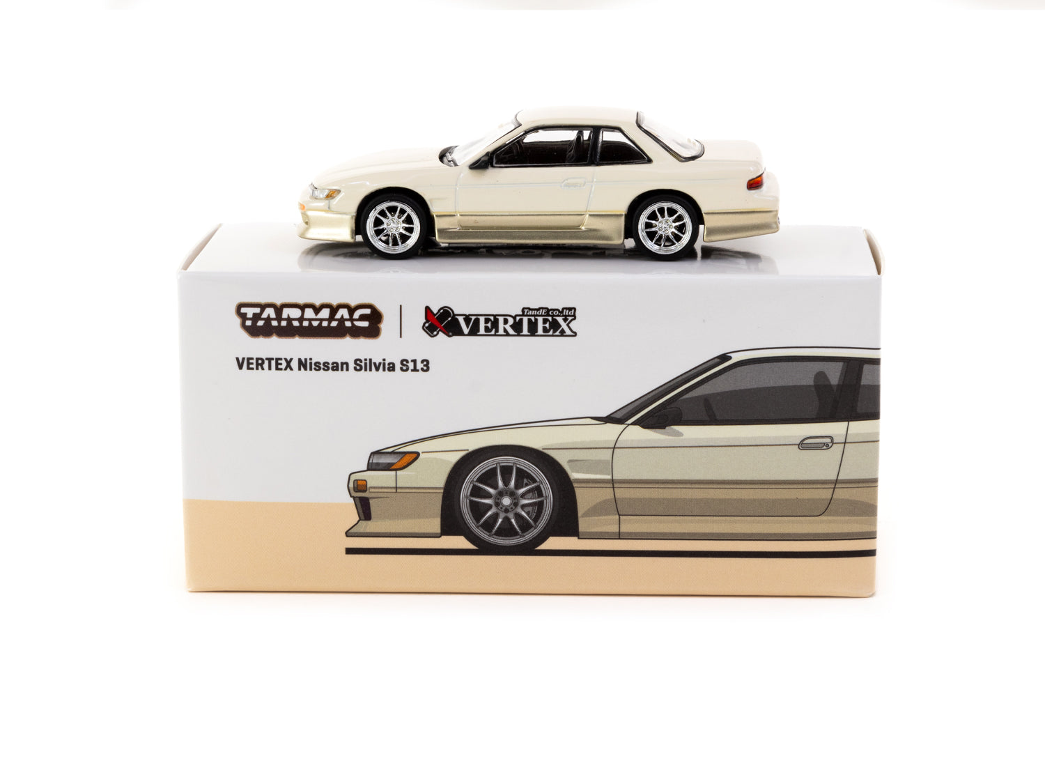 Tarmac Works 1/64 Scale VERTEX Nissan Silvia S13 Diecast Model Car - White & Gold Lamley Special Edition - Collectible Miniature Vehicle for Display & Racing Scenes