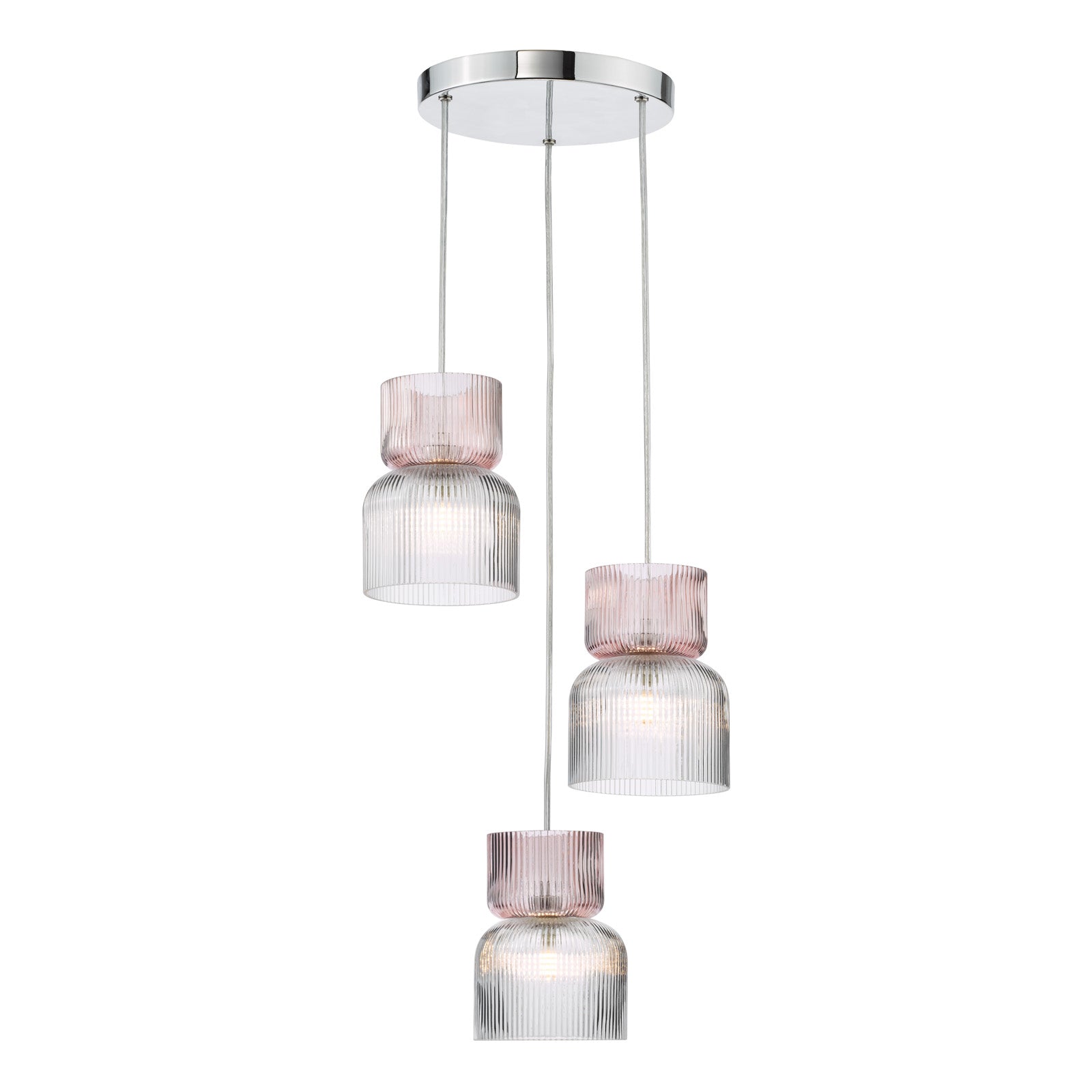 Auberta 3-Light Cluster Pendant Light Fixture - Polished Chrome with Pink Ribbed Glass Shades - G9 Base - Perfect for Dining Room, Kitchen Island or Bedroom Lighting