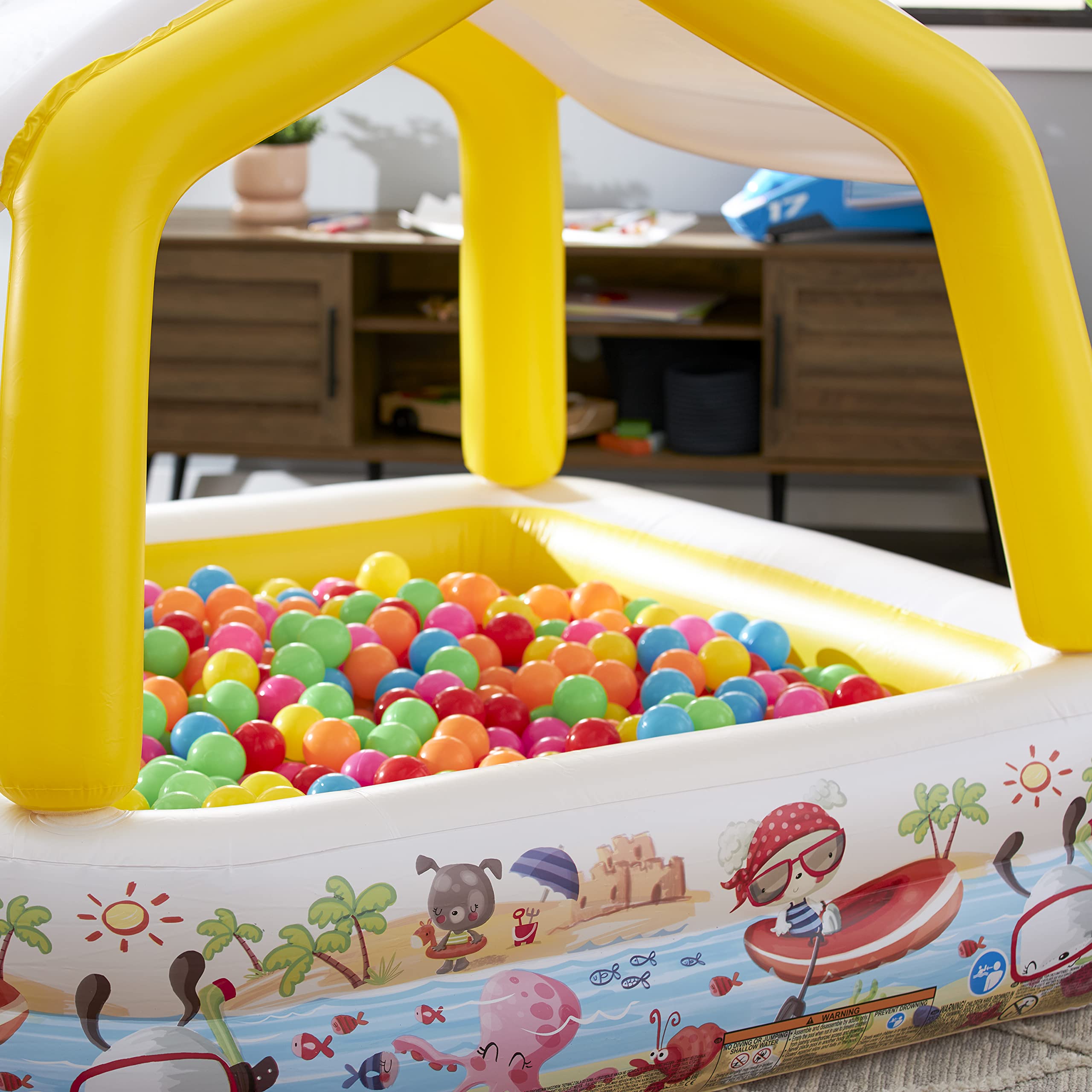 **Intex 5 x 4 Feet Inflatable Ocean Scene Sun Shade Kiddie Swimming Pool with Canopy & 100-Pack Multi-Colored Plastic Fun Balls - Perfect for Kids' Outdoor Water Play, Beach Trips, and Backyard Summer Fun**