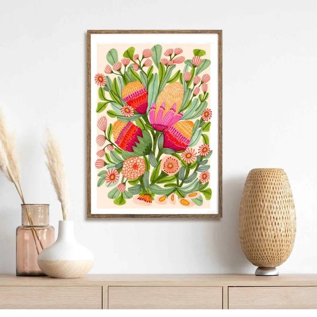 Protea & Gum Blossoms Botanical Art Print - Premium Floral Wall Decor for Living Room, Bedroom & Office | Nature-Inspired Home Decor Gift